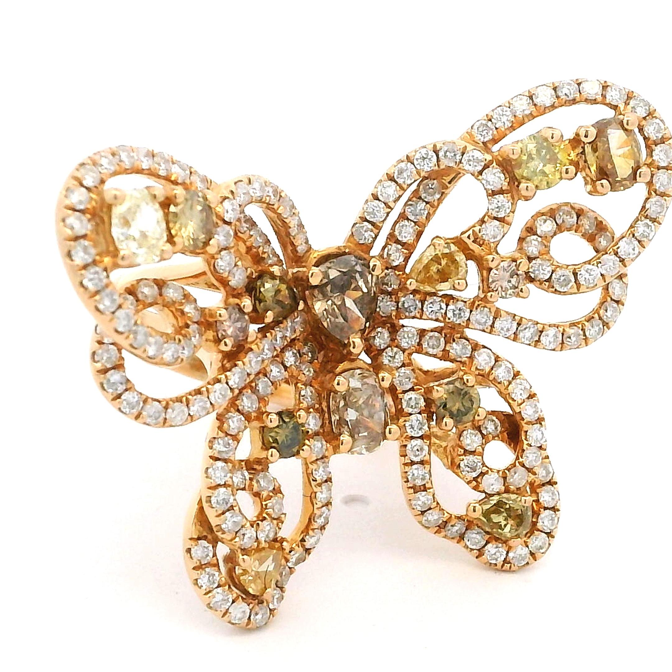 18K Yellow Gold 5 Carat Natural Fancy Color Diamond Butterfly Cocktail Ring For Sale 6