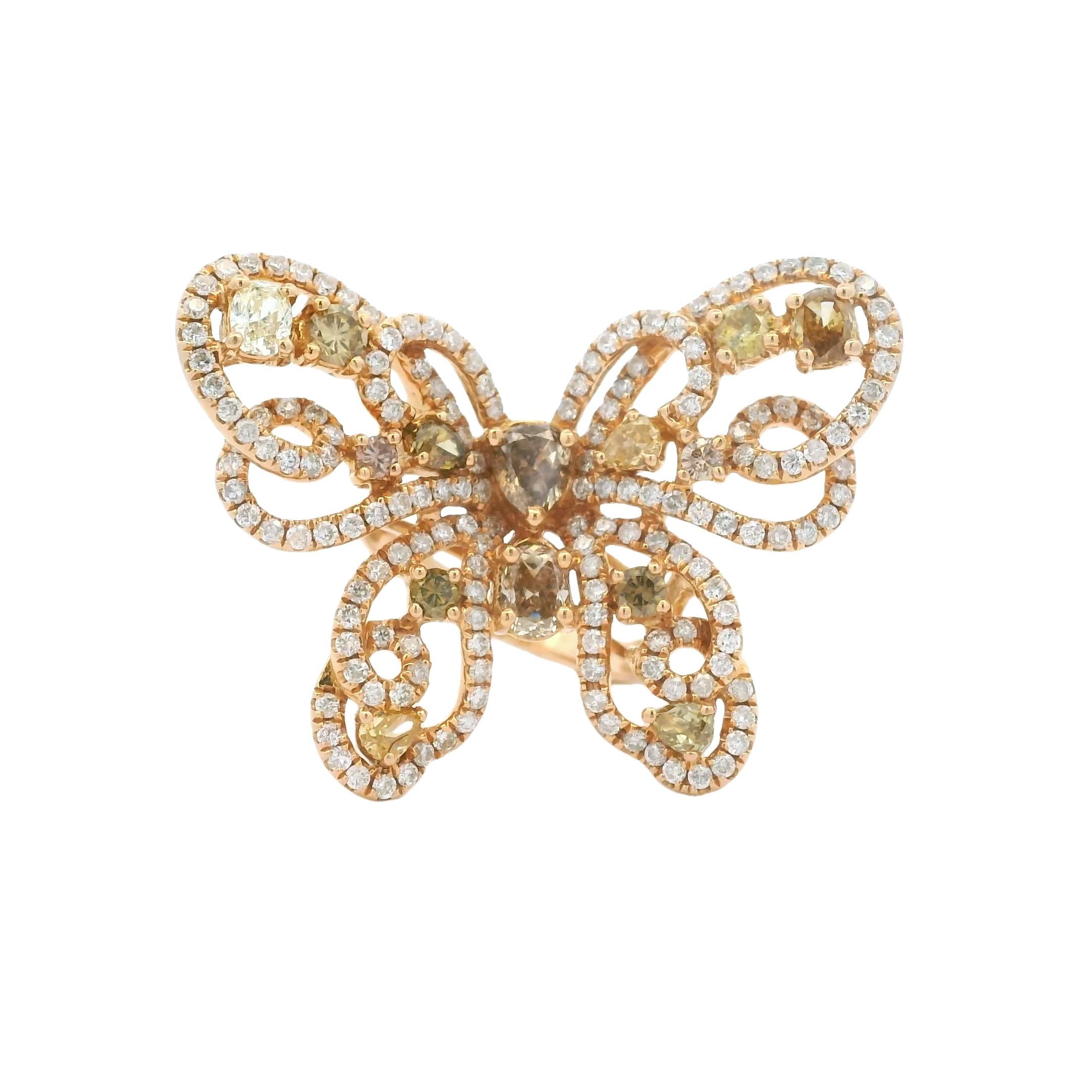 Contemporary 18K Yellow Gold 5 Carat Natural Fancy Color Diamond Butterfly Cocktail Ring For Sale