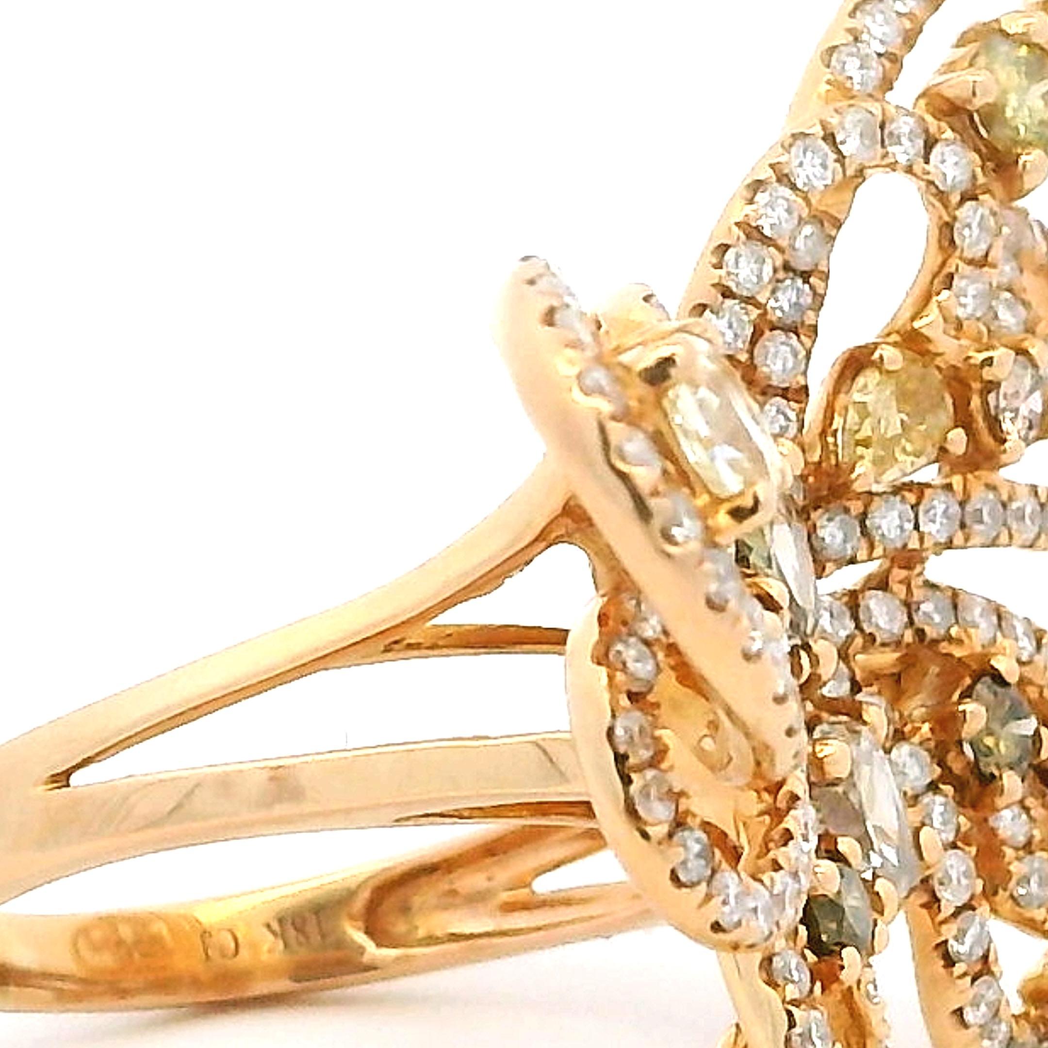 Round Cut 18K Yellow Gold 5 Carat Natural Fancy Color Diamond Butterfly Cocktail Ring For Sale
