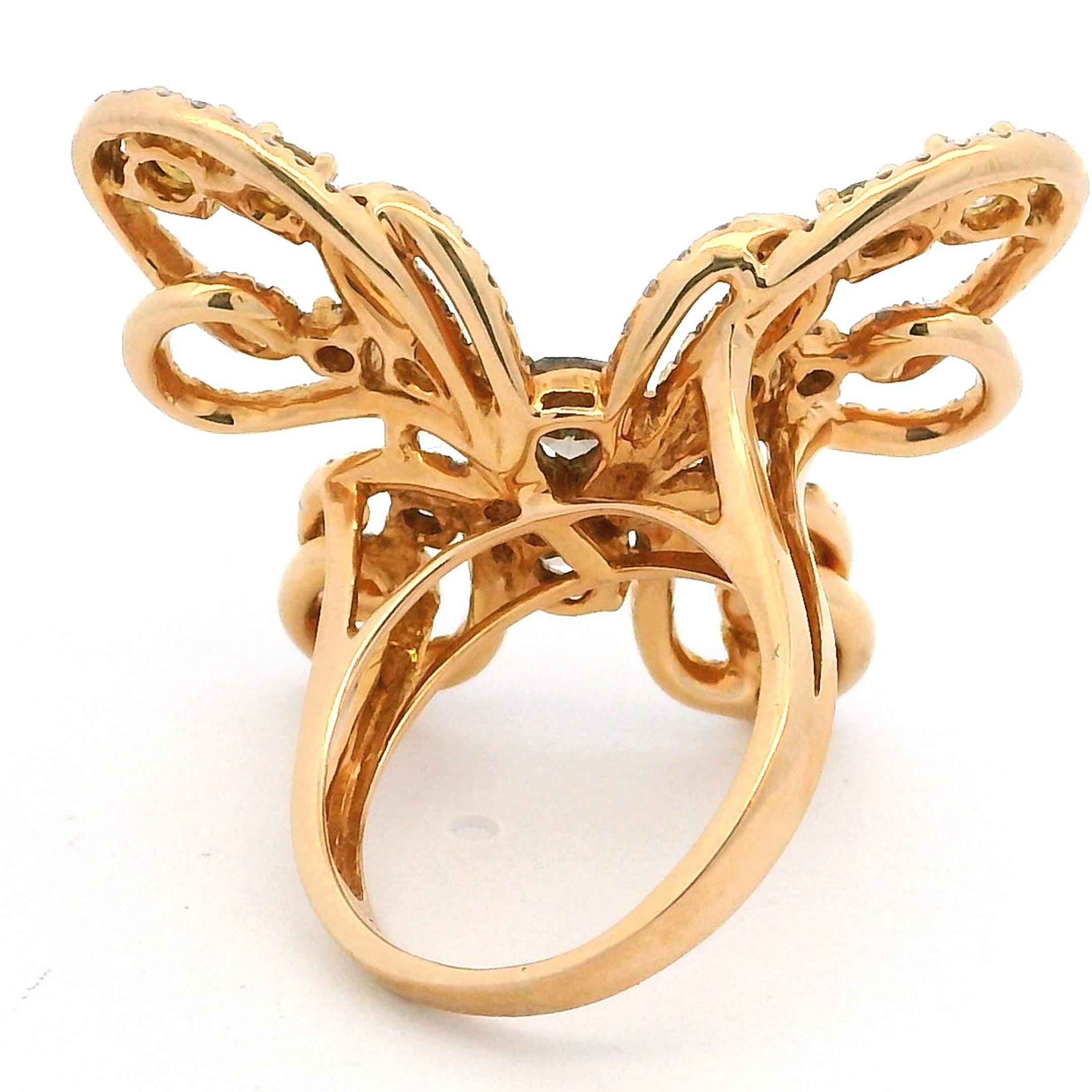 Women's 18K Yellow Gold 5 Carat Natural Fancy Color Diamond Butterfly Cocktail Ring For Sale
