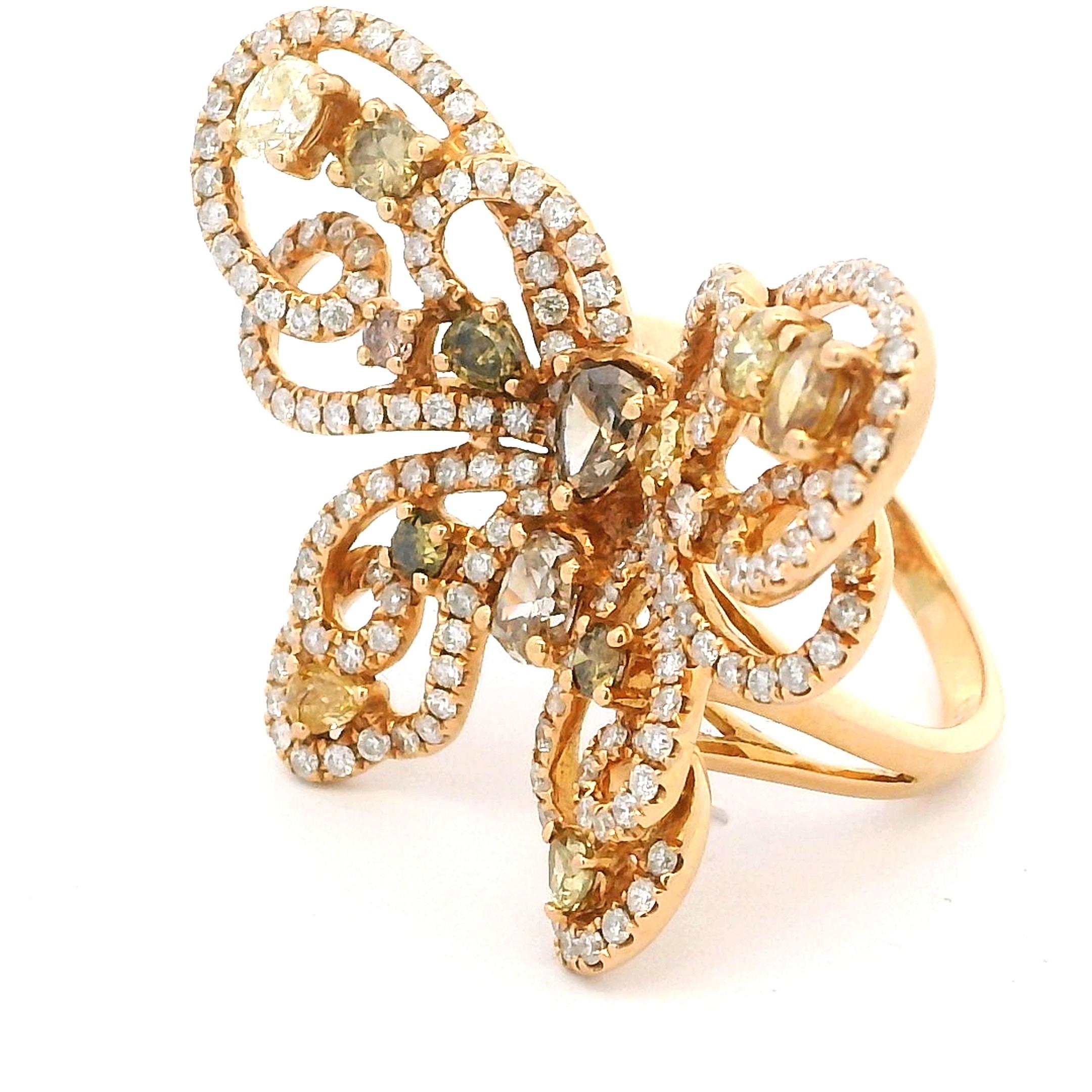 18K Yellow Gold 5 Carat Natural Fancy Color Diamond Butterfly Cocktail Ring For Sale 1