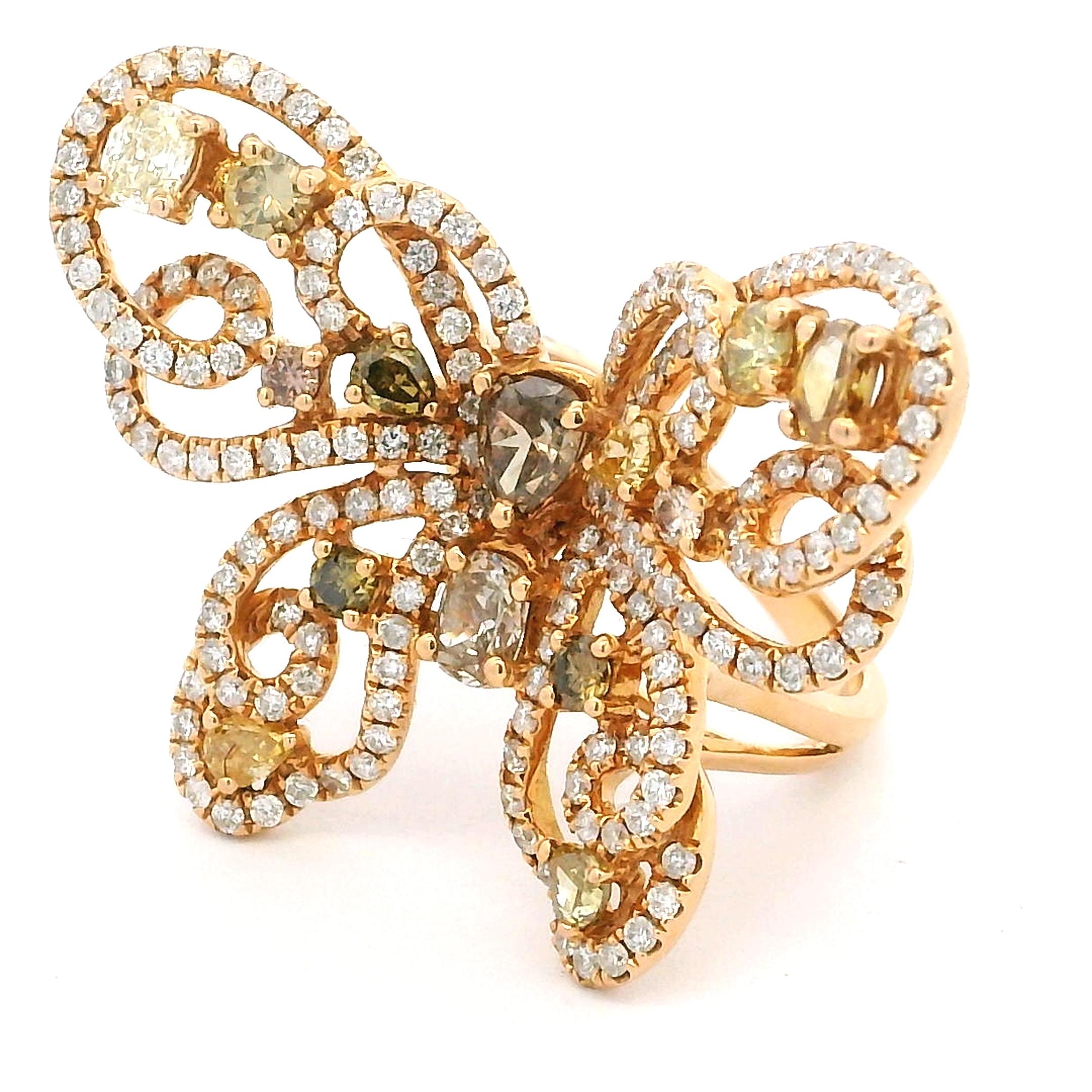 18K Yellow Gold 5 Carat Natural Fancy Color Diamond Butterfly Cocktail Ring For Sale 2