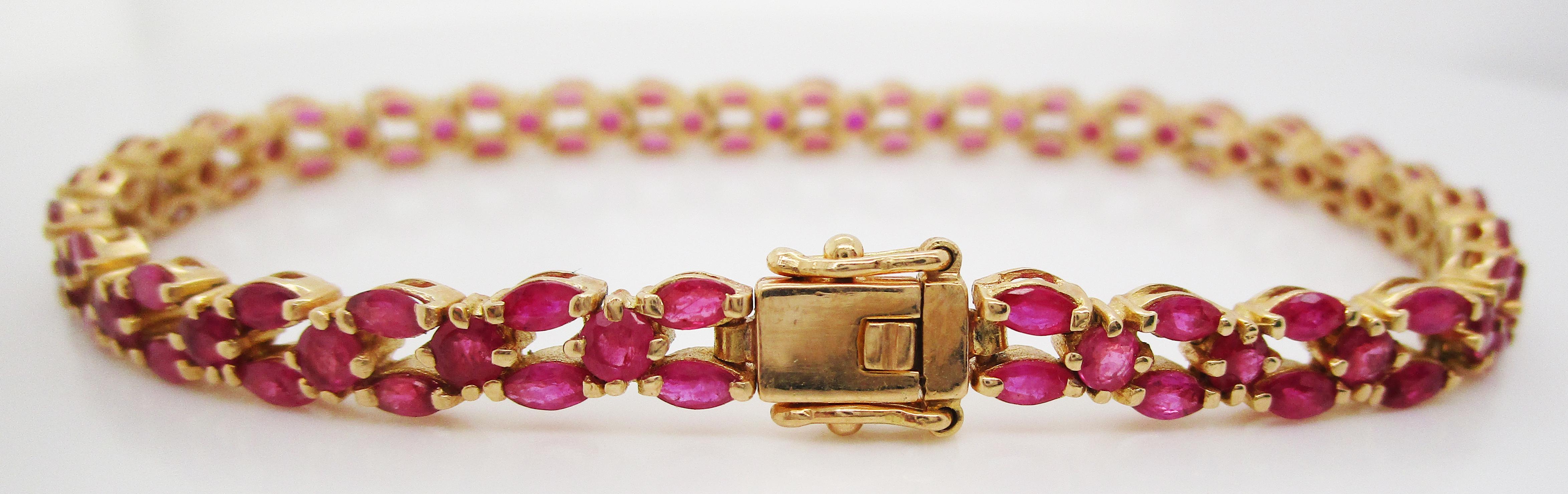 18 Karat Yellow Gold 5 Carat Red Ruby Line Bracelet In Excellent Condition In Lexington, KY