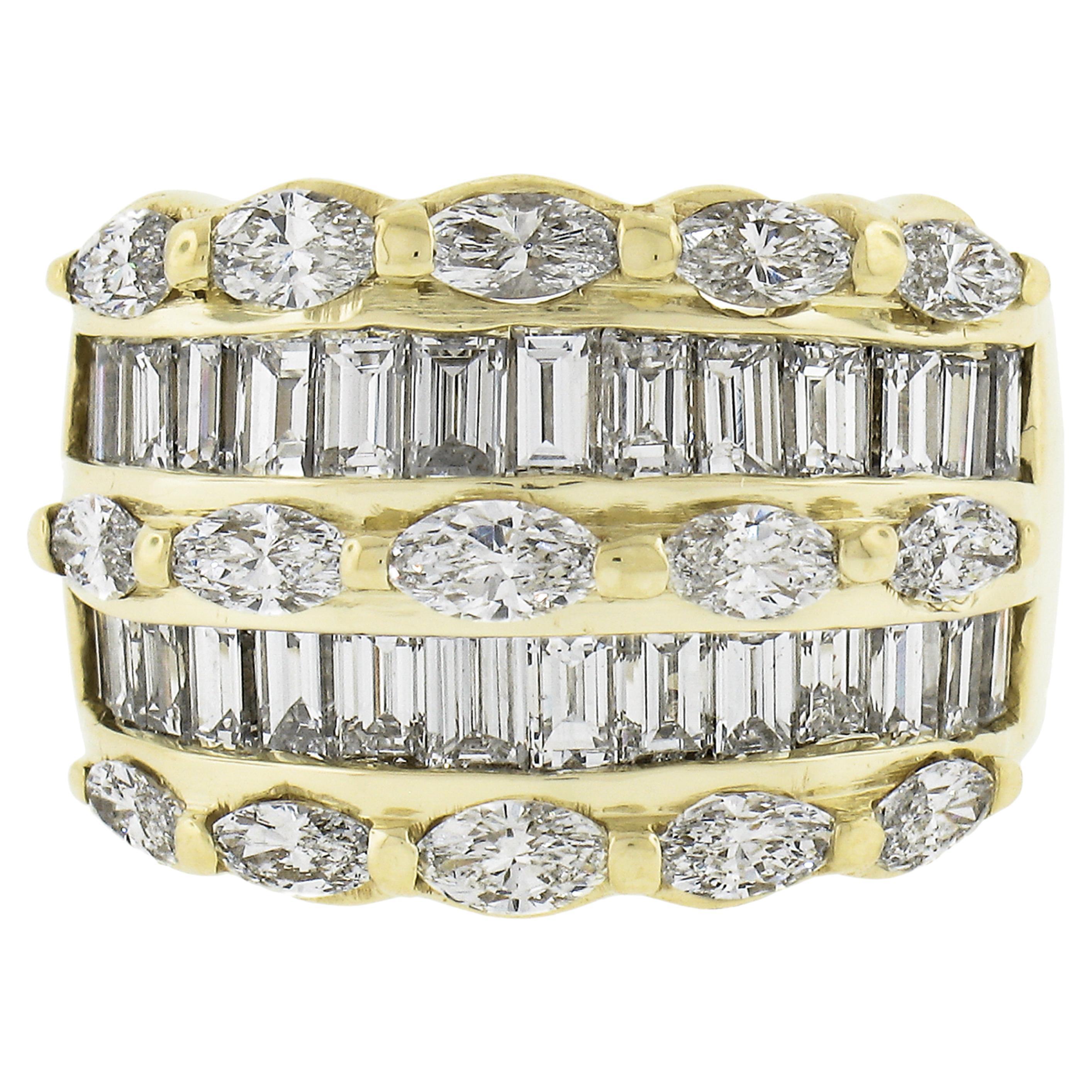 18k Yellow Gold 5 Row 4.50ctw Baguette & Marquise Diamond 15.1mm Wide Band Ring For Sale