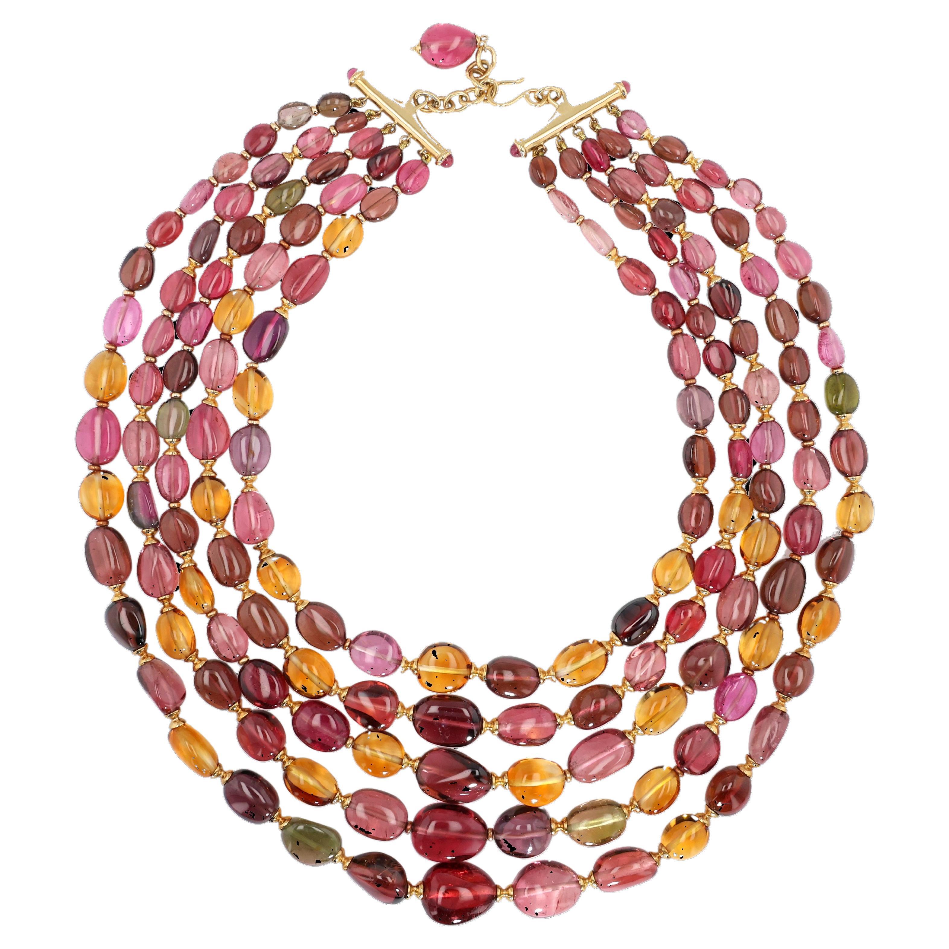 Collana a 5 fili in oro giallo 18K con tormalina multicolore e citrino di Syna
