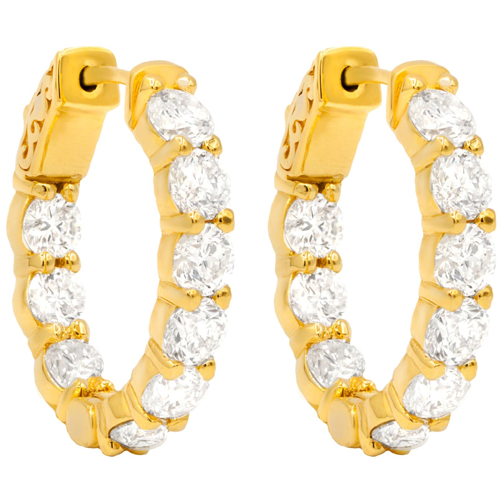 18 Karat Yellow Gold 5.00 Carat Diamond Hoop Earrings For Sale