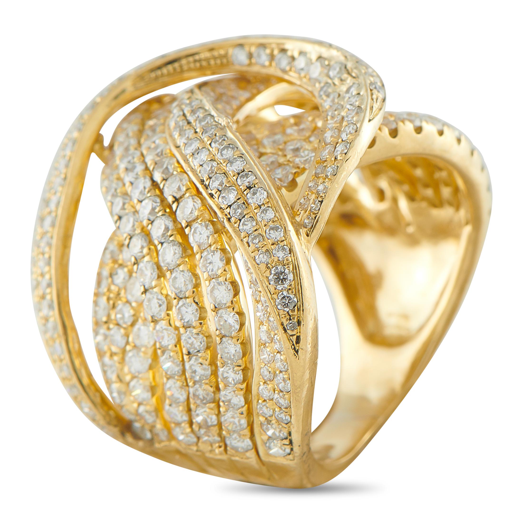 A bold 18K Yellow Gold setting makes this luxury ring impossible to ignore. The intricate design is highlighted by inset Diamonds totaling 5.0 carats, which allow this piece to effortlessly emanate light every time its worn. It features a 5mm wide