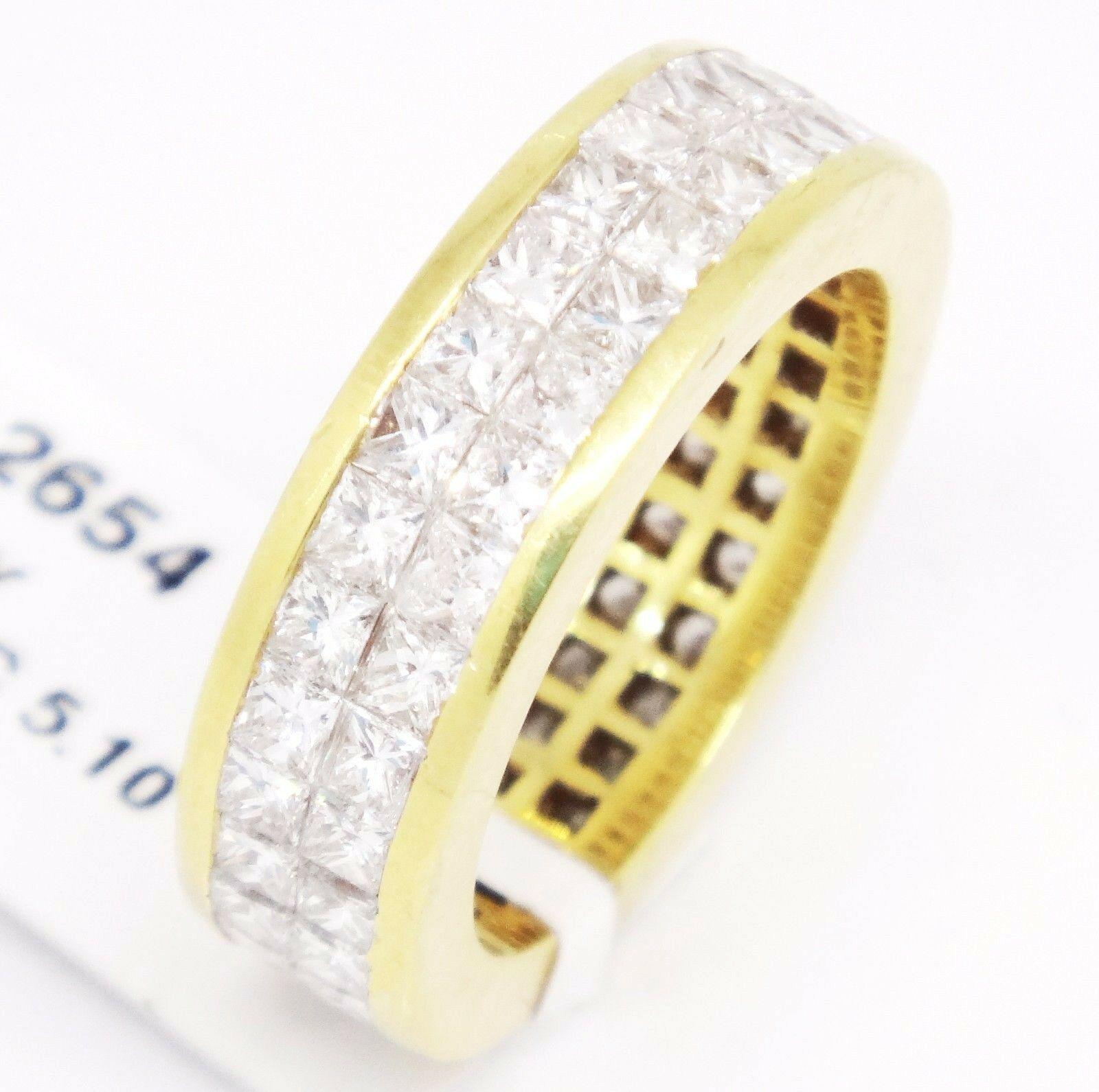 18 Karat Yellow Gold 5.10 Carat Princess Cut Diamond Eternity Band In New Condition For Sale In New York, NY
