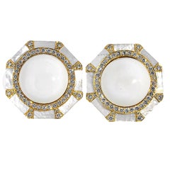 18K Yellow Gold 5.15CT TAW Diamond & White Onyx Earrings
