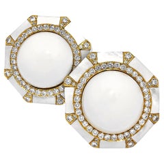 18K Yellow Gold 5.15CT TAW Diamond & White Onyx Earrings
