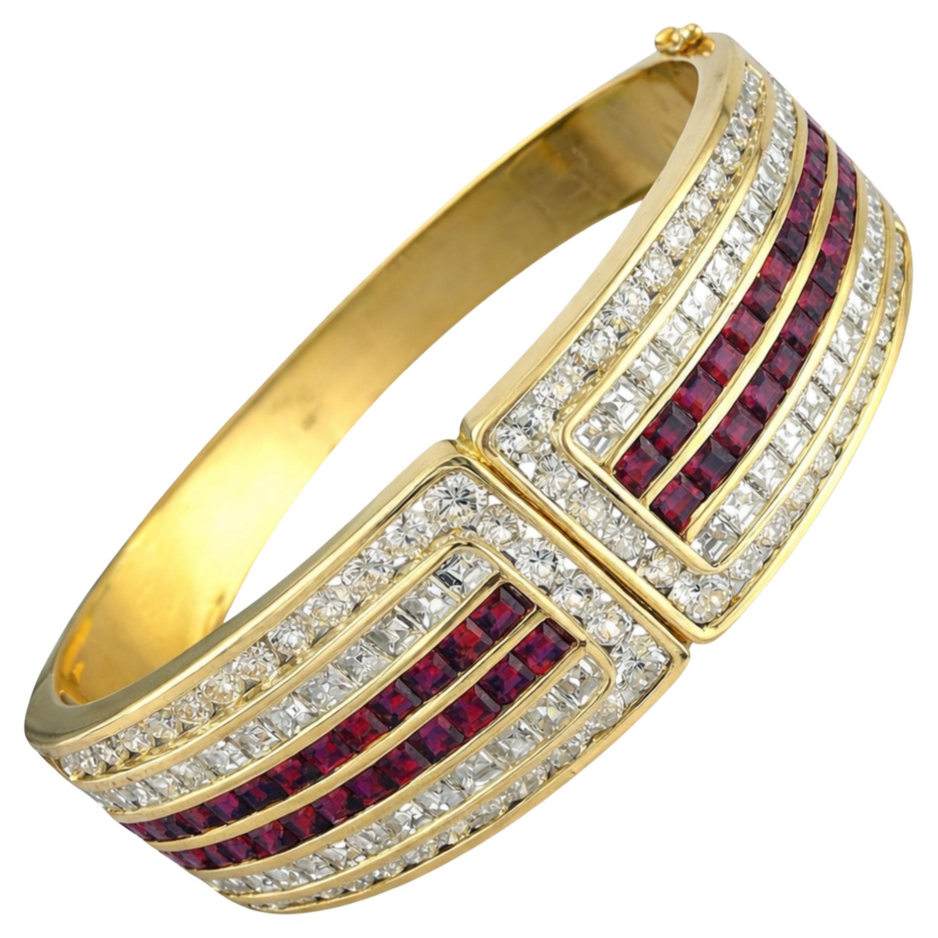18K Yellow Gold 5.20ct Ruby and 7.02ct Diamond Hinged Bracelet