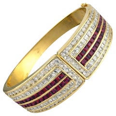 18K Yellow Gold 5.20ct Ruby and 7.02ct Diamond Hinged Bracelet