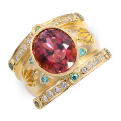 18k Yellow Gold 5.28ct Rubellite, Paraiba Tourmaline, Diamond Statement Ring