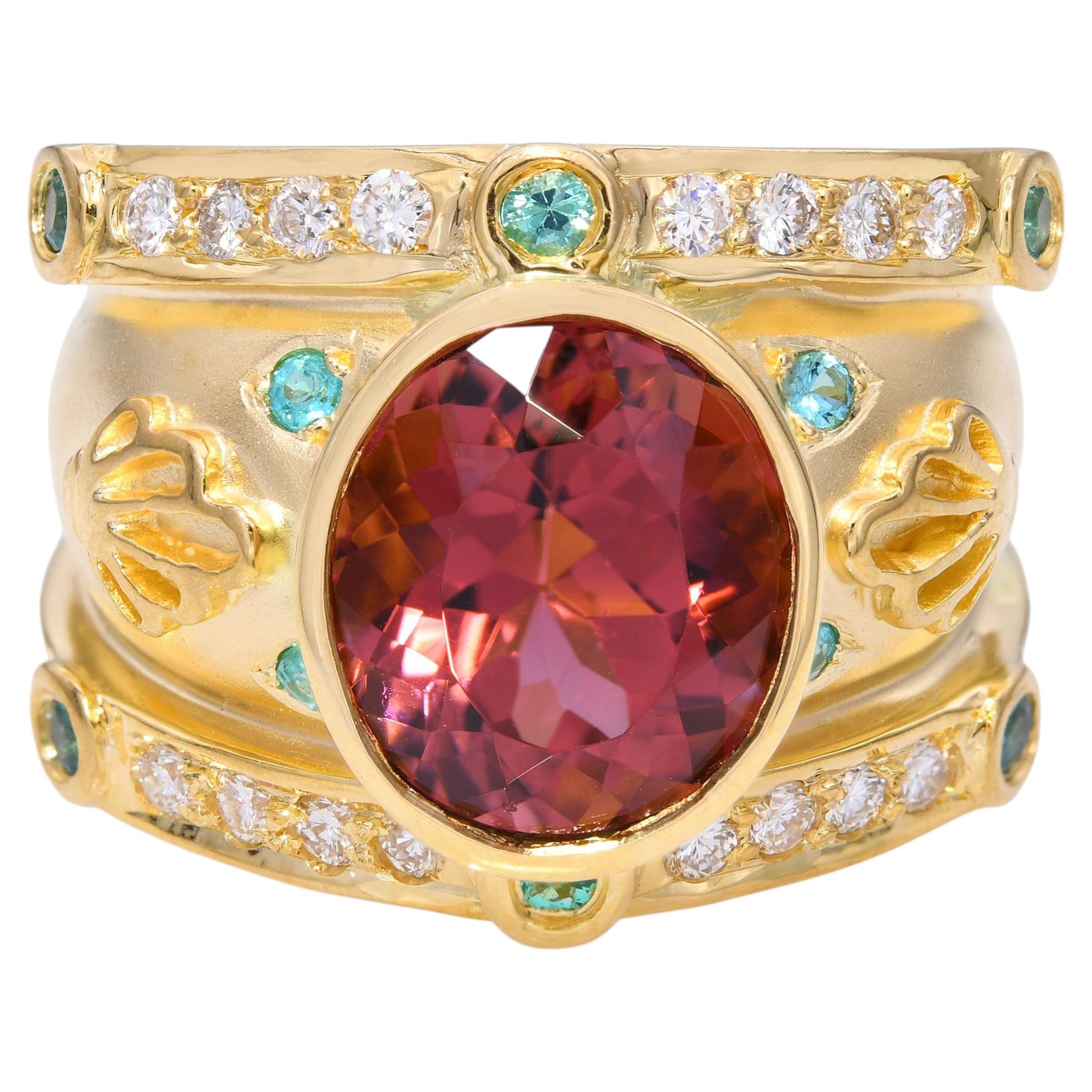 18k Gelbgold 5,28ct Rubellit, Paraiba Turmalin, Diamant Statement Ring