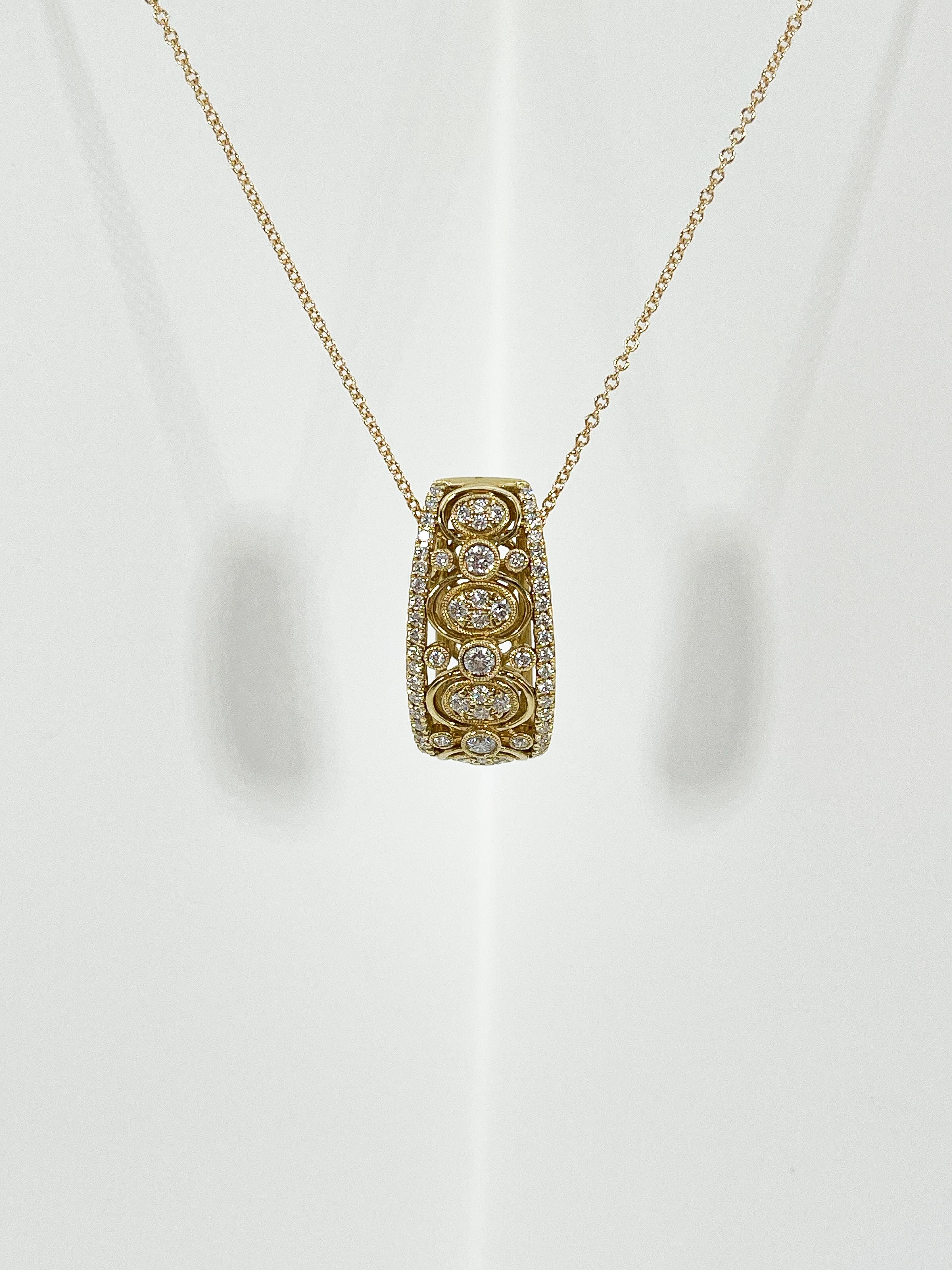 Round Cut 18K Yellow Gold .54 CTW Diamond Drop Pendant Necklace For Sale