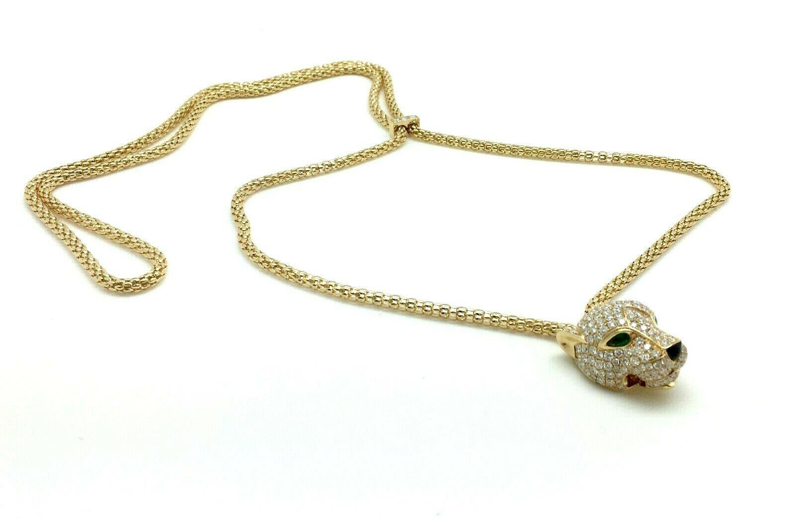 Oval Cut 18K Yellow Gold 5.40 CTW Diamond & Emerald Adjustable Panther Necklace 40 Grams