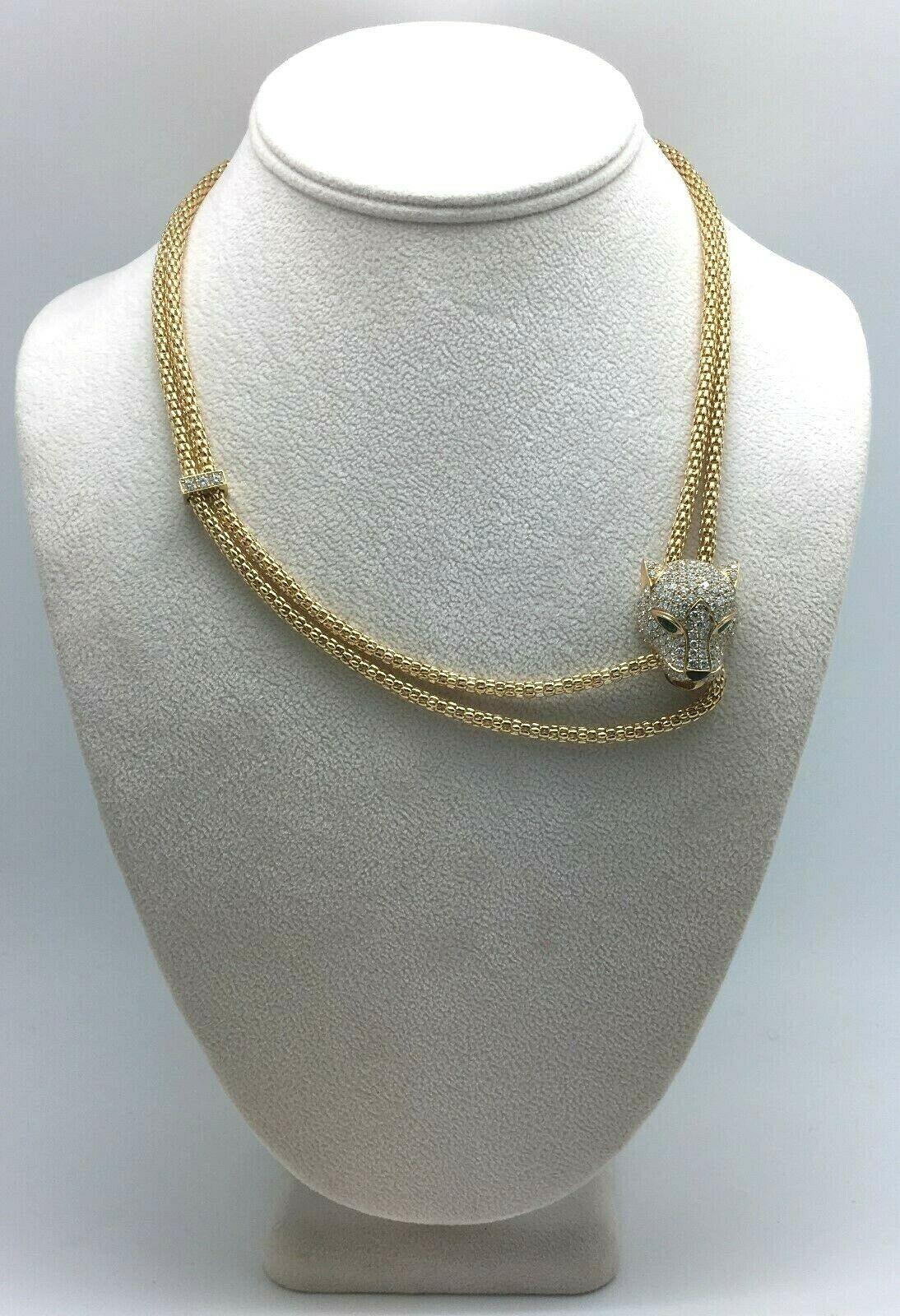 18K Yellow Gold 5.40 CTW Diamond & Emerald Adjustable Panther Necklace 40 Grams In New Condition In Houston, TX