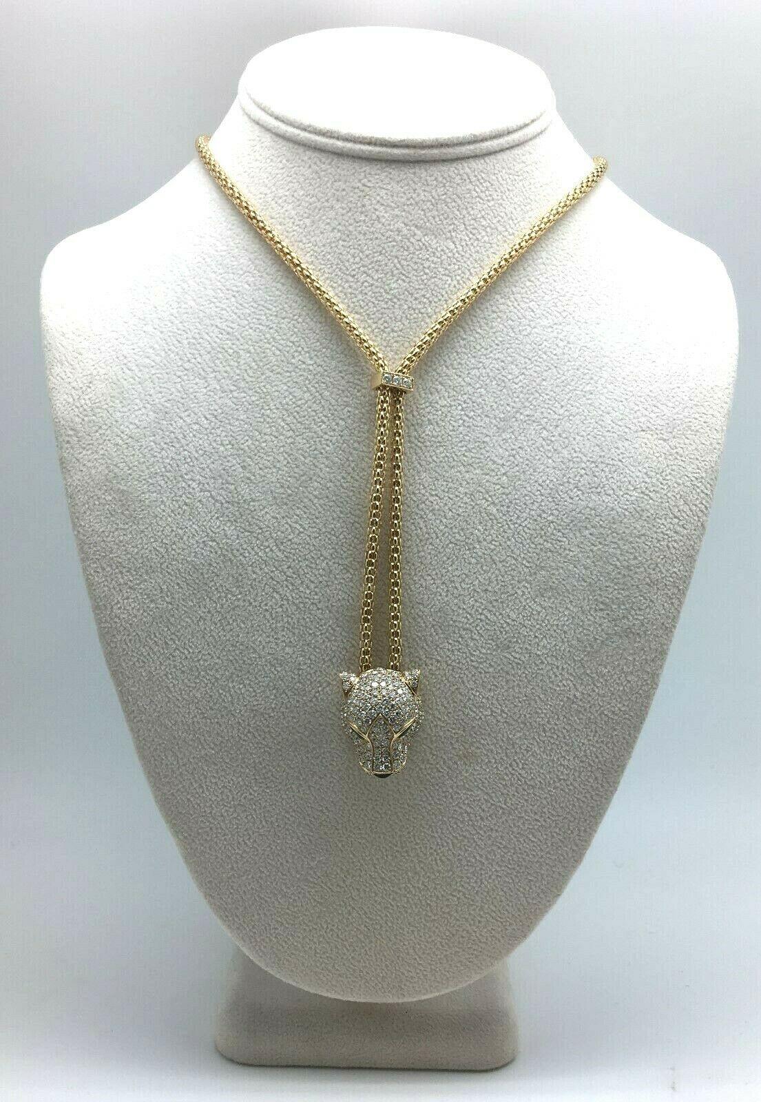 Women's or Men's 18K Yellow Gold 5.40 CTW Diamond & Emerald Adjustable Panther Necklace 40 Grams