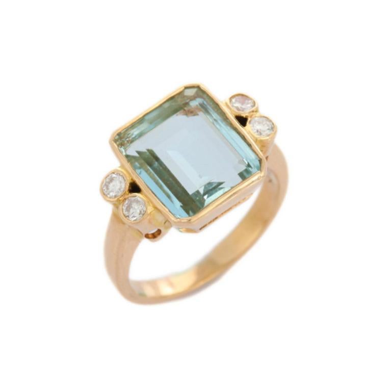 For Sale:  18k Yellow Gold 5.45 Carat Aquamarine and Diamond Cocktail Ring 6