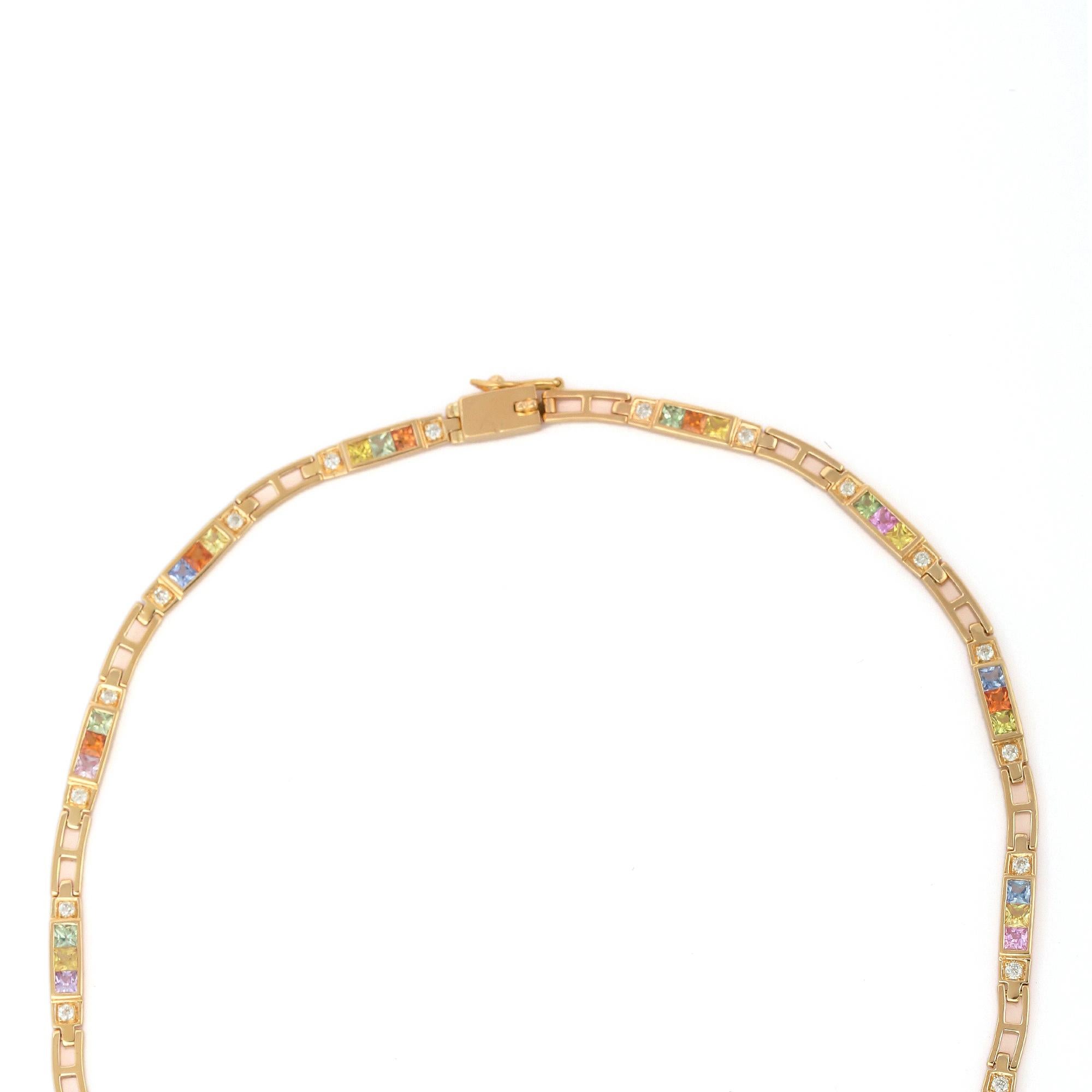 Square Cut 18K Yellow Gold 5.45 Carat Multi Sapphire and Diamond Necklace For Sale