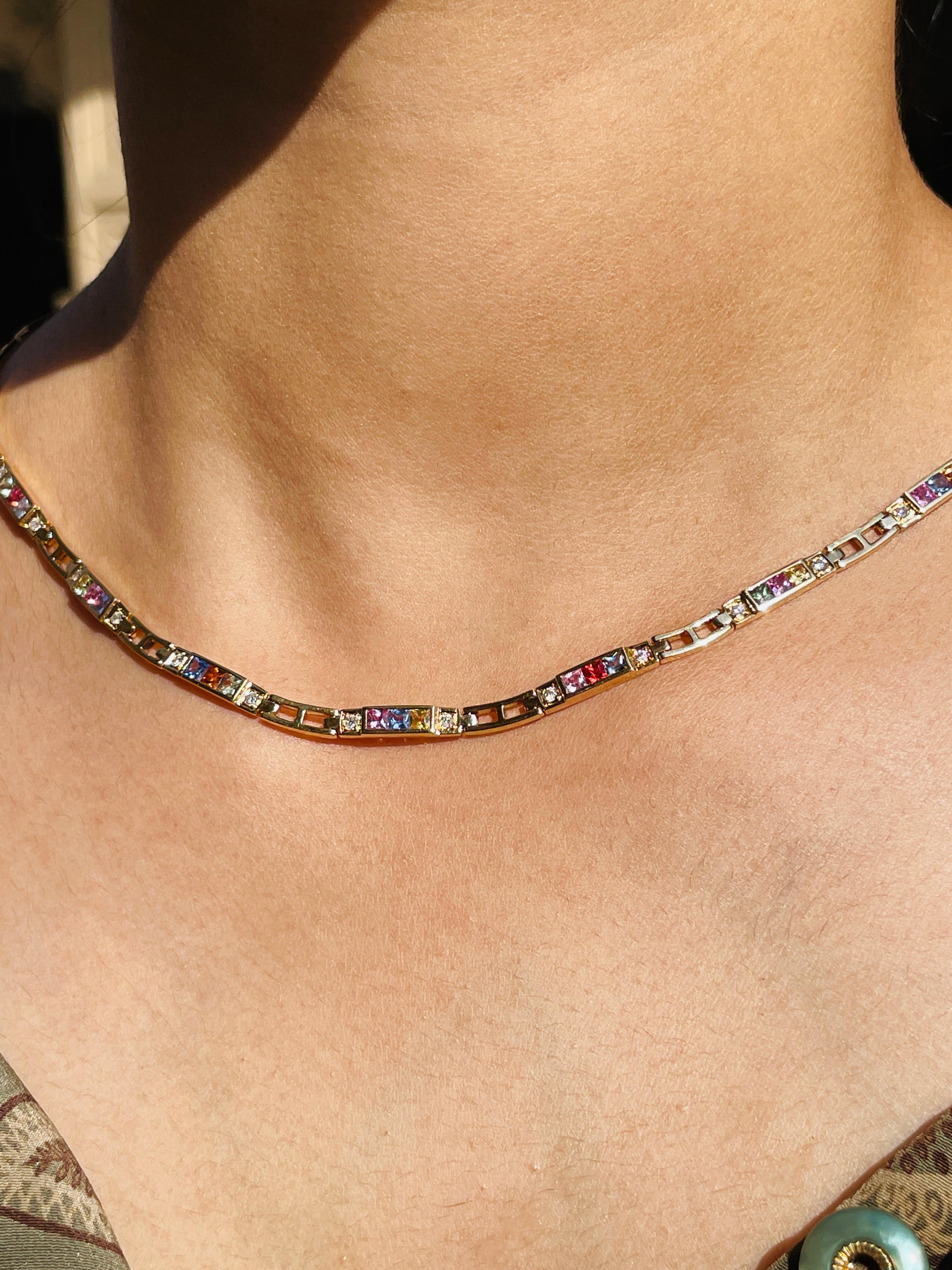 18K Yellow Gold 5.45 Carat Multi Sapphire and Diamond Necklace In New Condition For Sale In Houston, TX