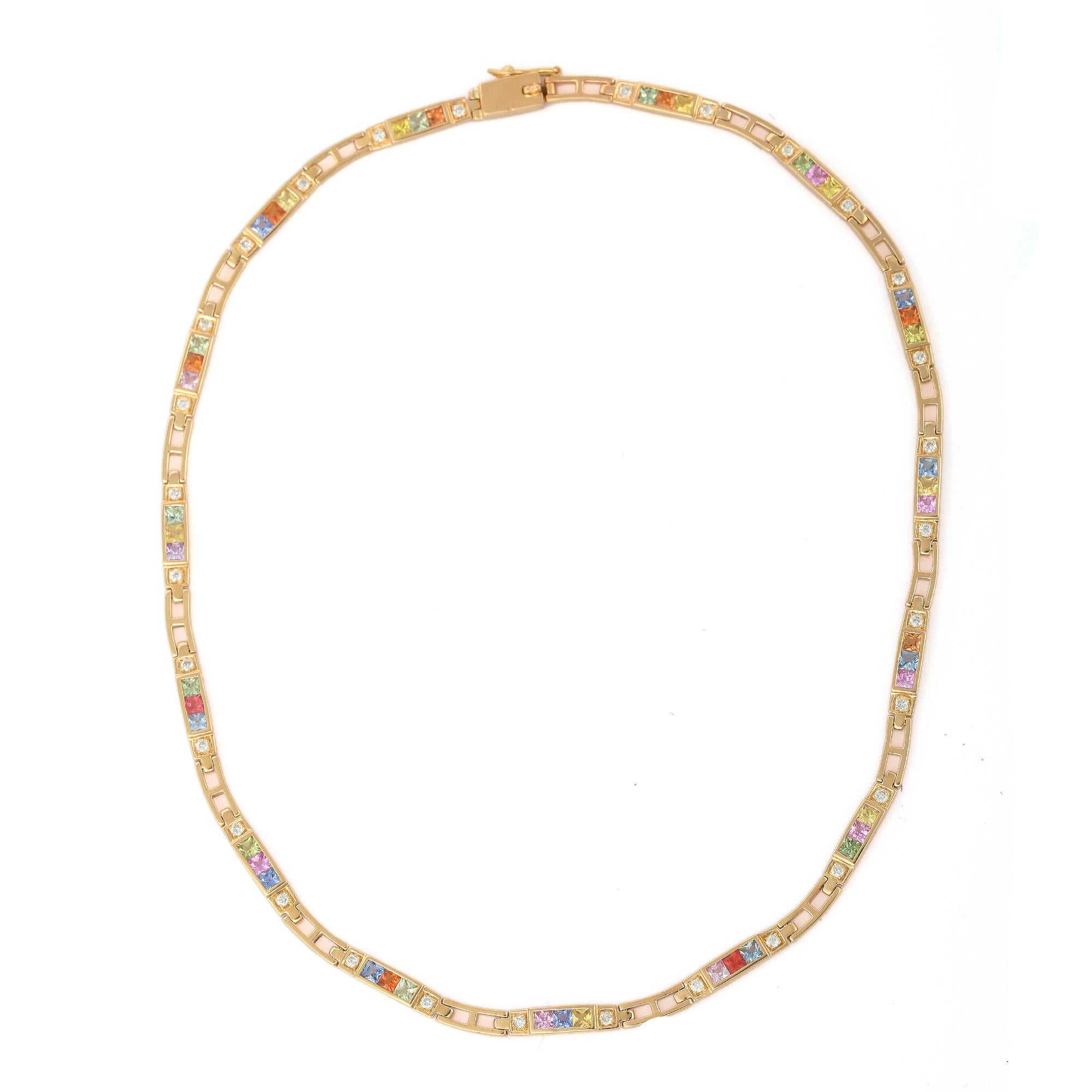 Women's 18K Yellow Gold 5.45 Carat Multi Sapphire and Diamond Necklace For Sale