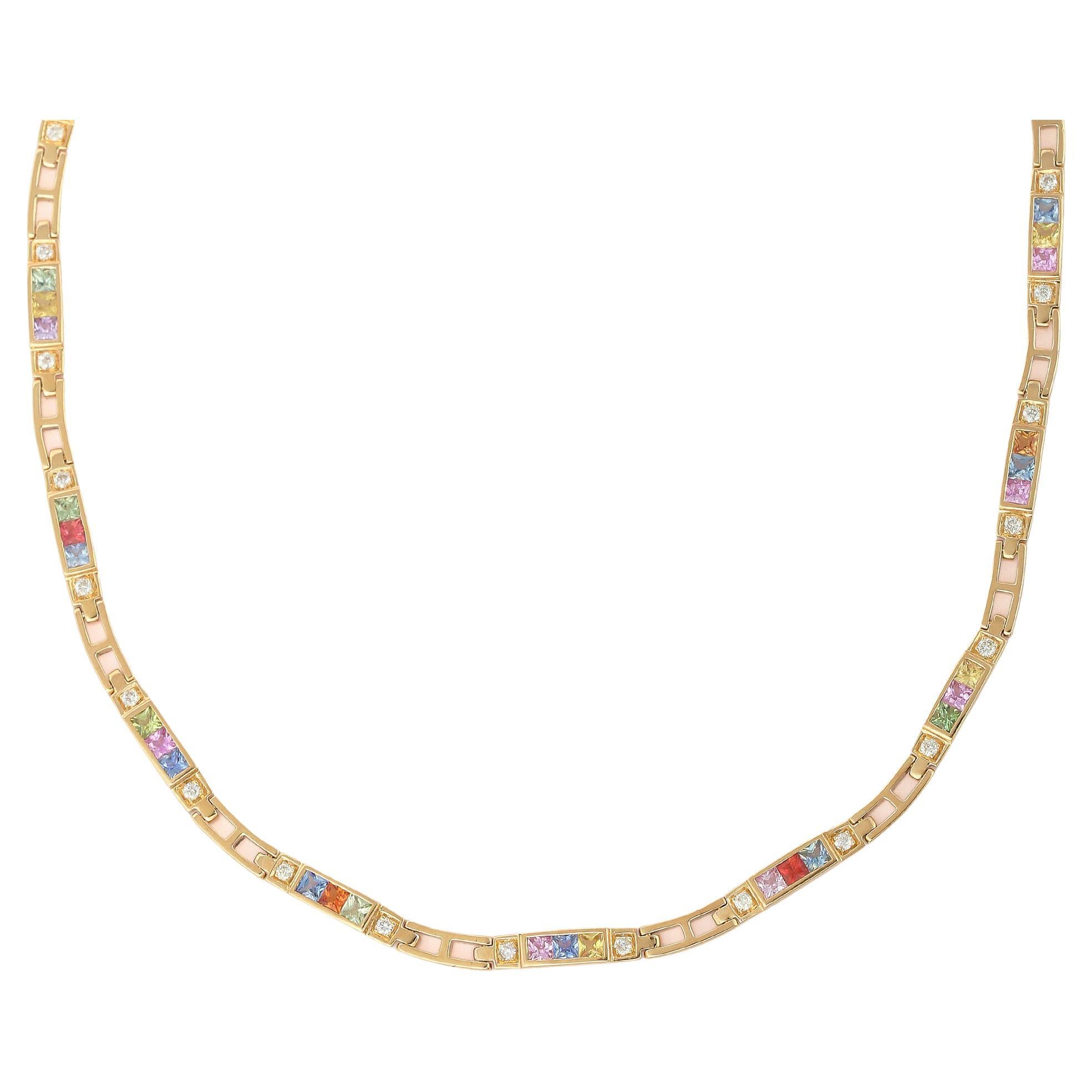 18K Yellow Gold 5.45 Carat Multi Sapphire and Diamond Necklace For Sale