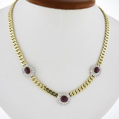 18k Yellow Gold 5.4ctw Oval Ruby & Diamond Section Flat Curb Cuban Link Necklace