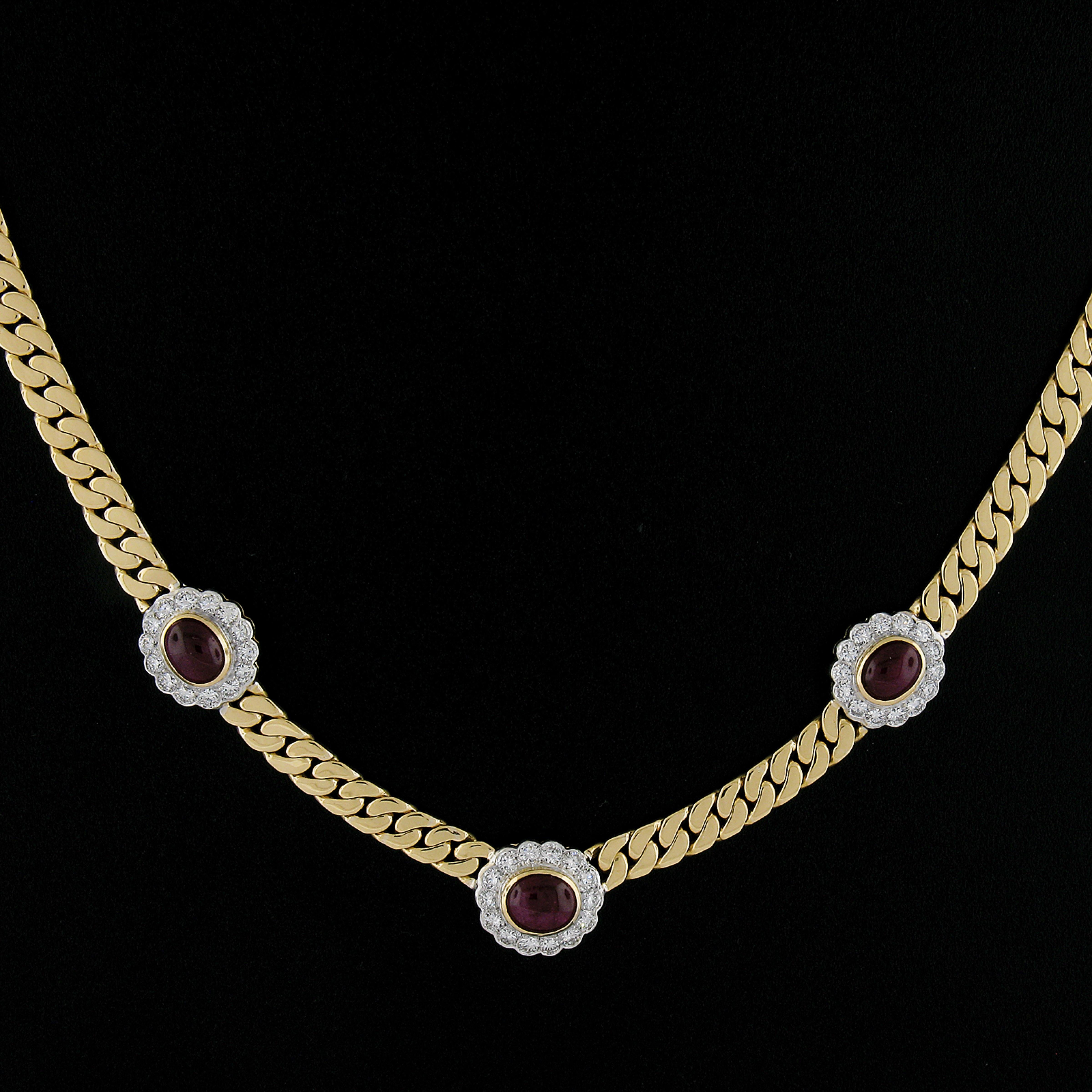 18k Yellow Gold 5.4ctw Oval Ruby & Diamond Section Flat Curb Cuban Link Necklace In Excellent Condition For Sale In Montclair, NJ