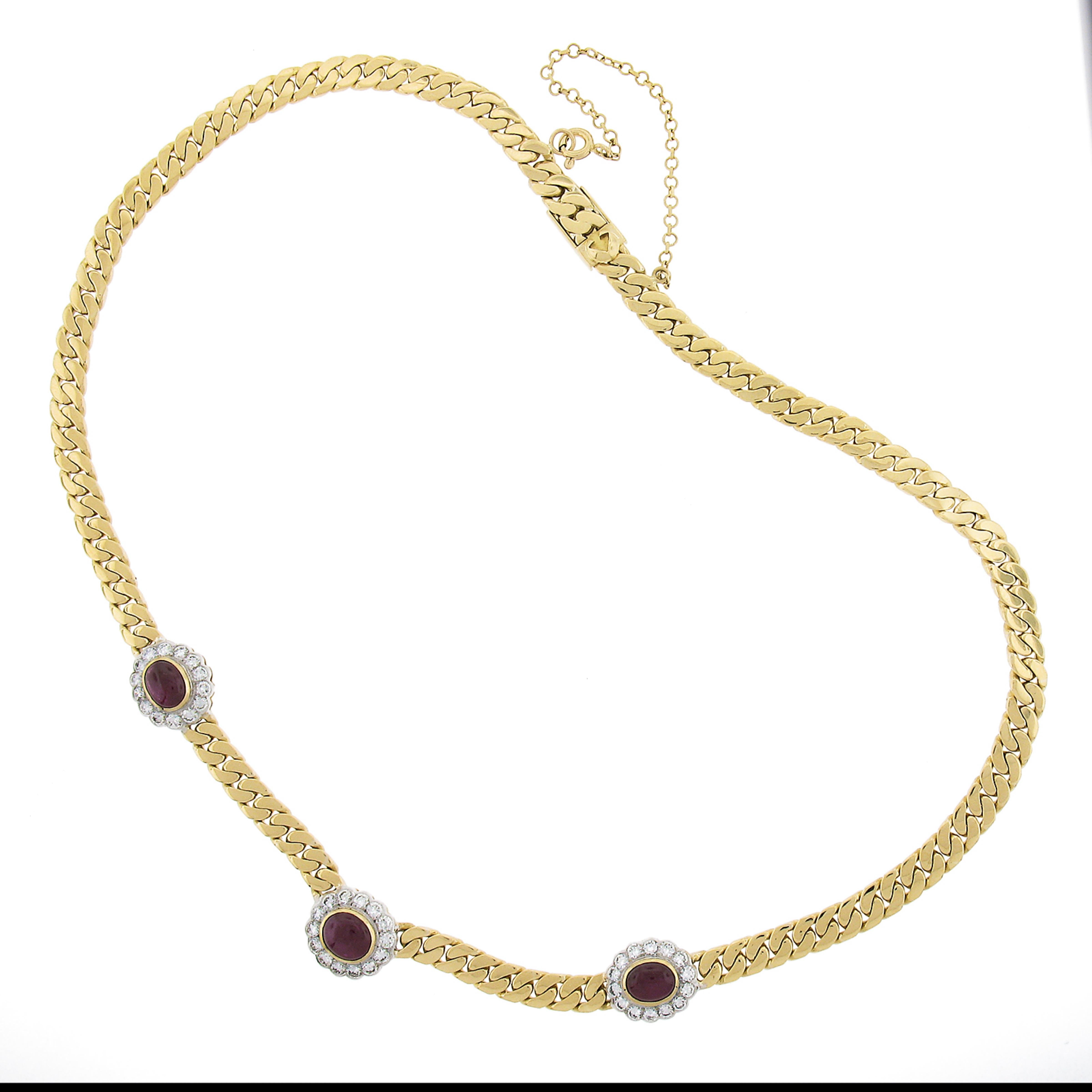 Women's 18k Yellow Gold 5.4ctw Oval Ruby & Diamond Section Flat Curb Cuban Link Necklace For Sale