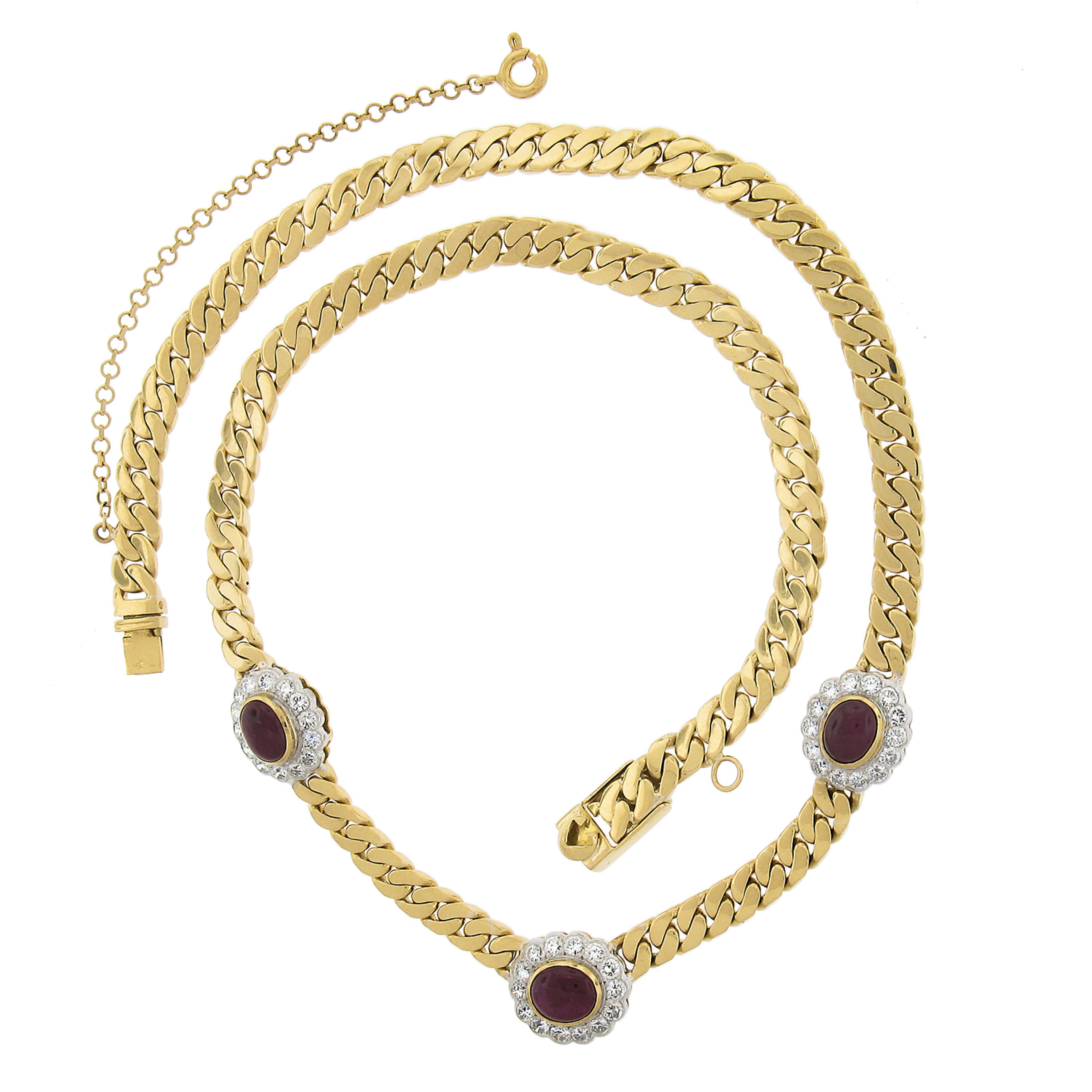 18k Yellow Gold 5.4ctw Oval Ruby & Diamond Section Flat Curb Cuban Link Necklace For Sale 1