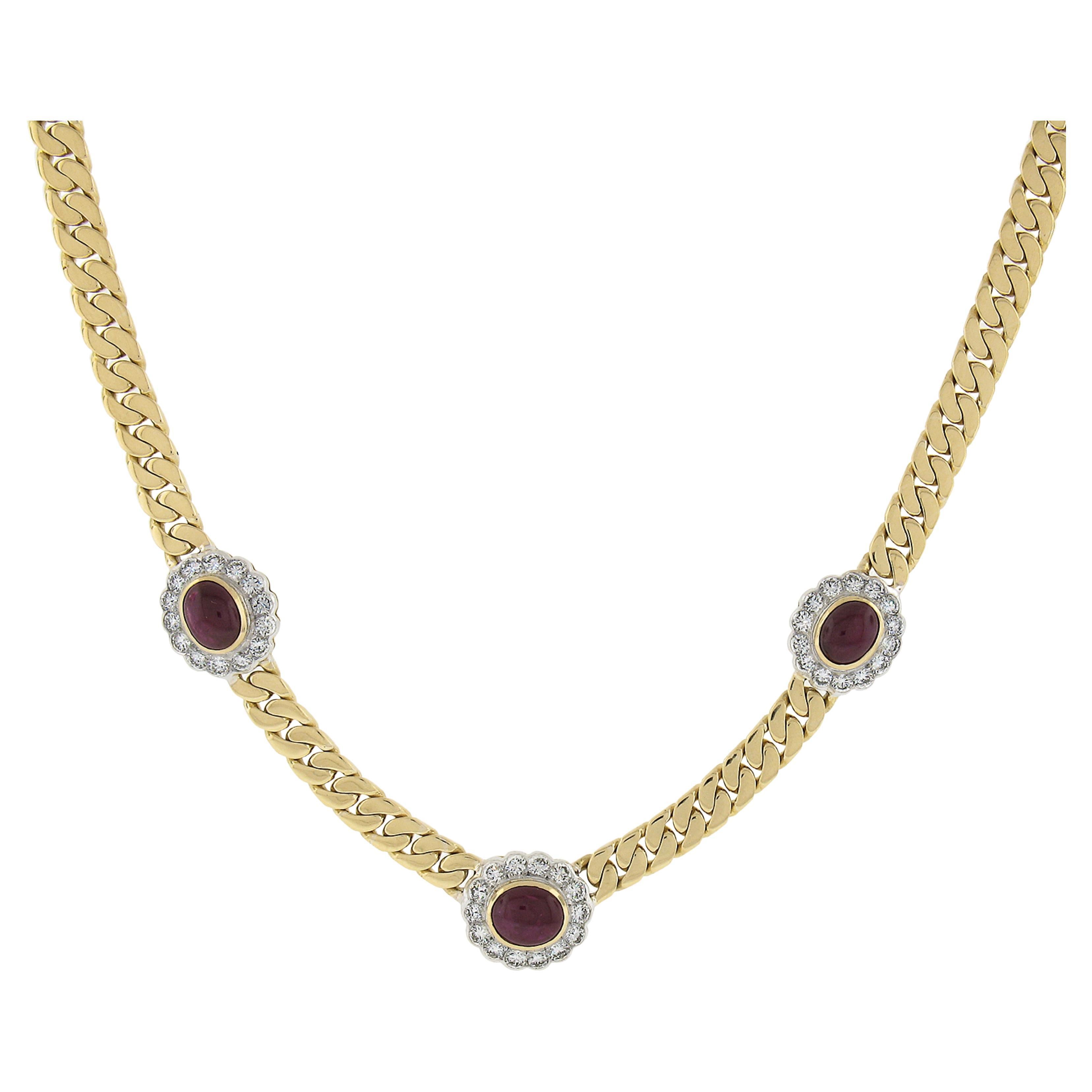 18k Yellow Gold 5.4ctw Oval Ruby & Diamond Section Flat Curb Cuban Link Necklace For Sale