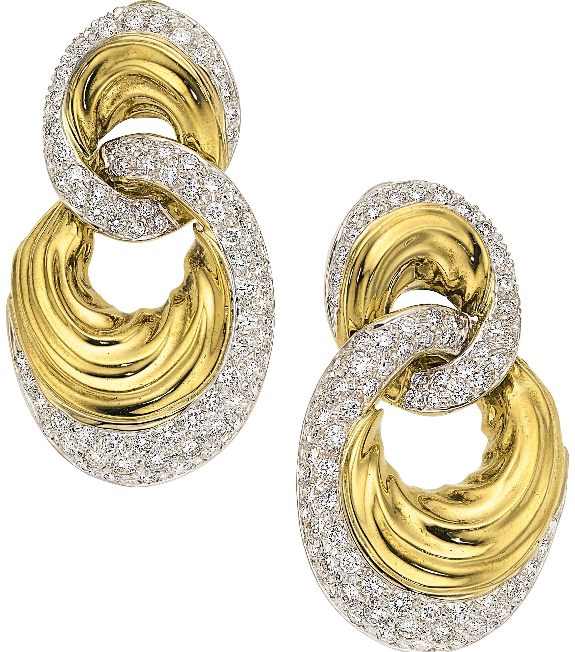 Orecchini Doorknocker in oro giallo 18k con diamanti da 5,58 carati 32,2 grammi in vendita 1