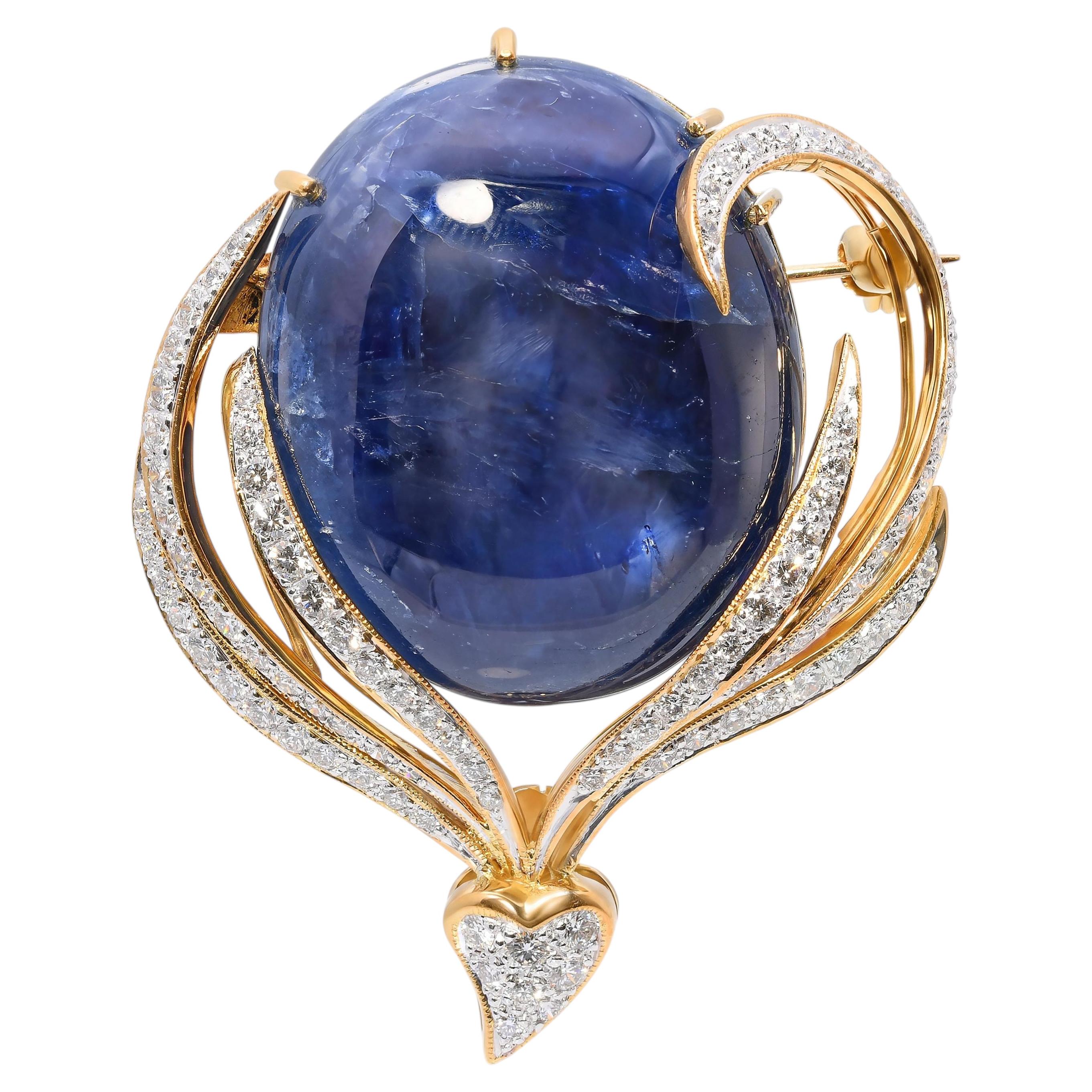 18k Yellow Gold 55.83ct Star Sapphire and Diamond Brooch