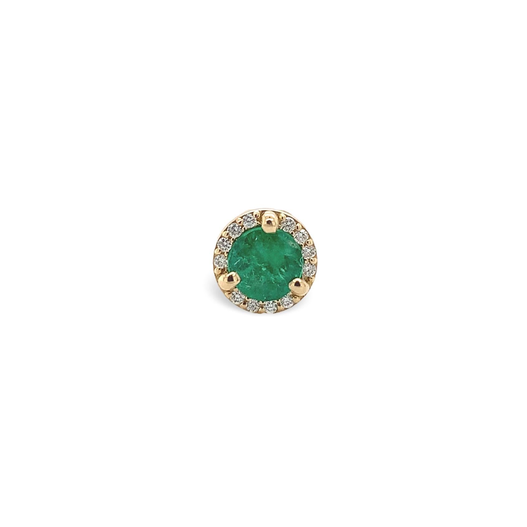 A pair of 18K yellow gold genuine earth mined emerald stud earrings with diamond halos. The round cut emeralds measure about 4.5mm and have medium dark color and fine clarity. The emeralds weigh .55 carats total. There are 24 tiny round diamond