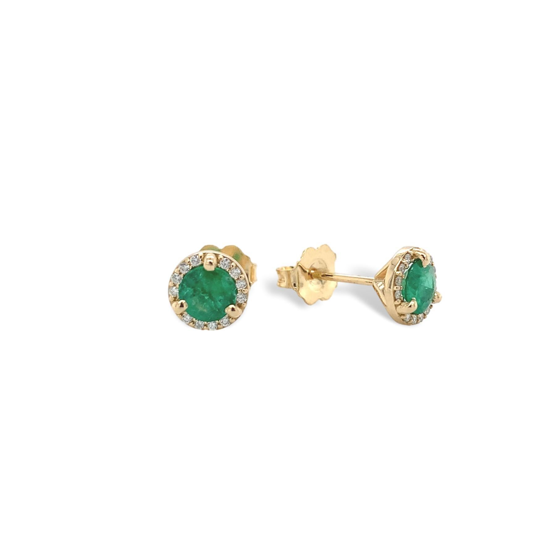 Emerald Cut 18K Yellow Gold .55cttw Fine Emerald and Diamond Stud Earrings For Sale