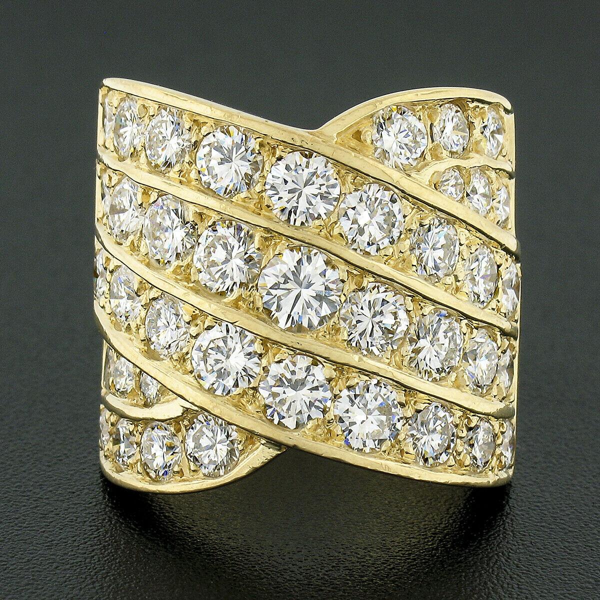 Round Cut 18k Yellow Gold 5.60ct Round Pave Diamond Multi Row Overlap Wide Cigar Band Ring