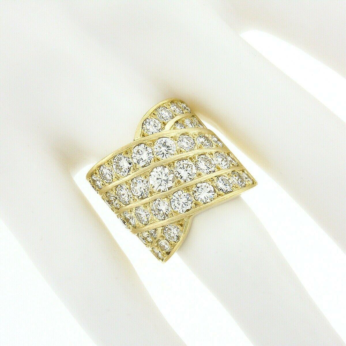 18k Yellow Gold 5.60ct Round Pave Diamond Multi Row Overlap Wide Cigar Band Ring In Excellent Condition In Montclair, NJ