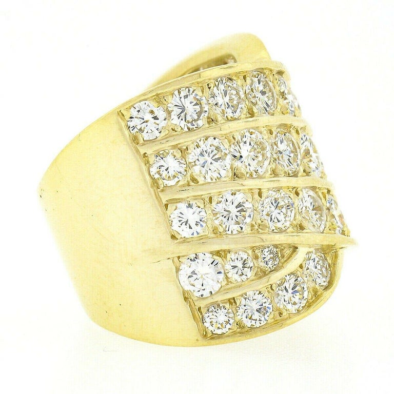 Women's 18k Yellow Gold 5.60ct Round Pave Diamond Multi Row Overlap Wide Cigar Band Ring For Sale