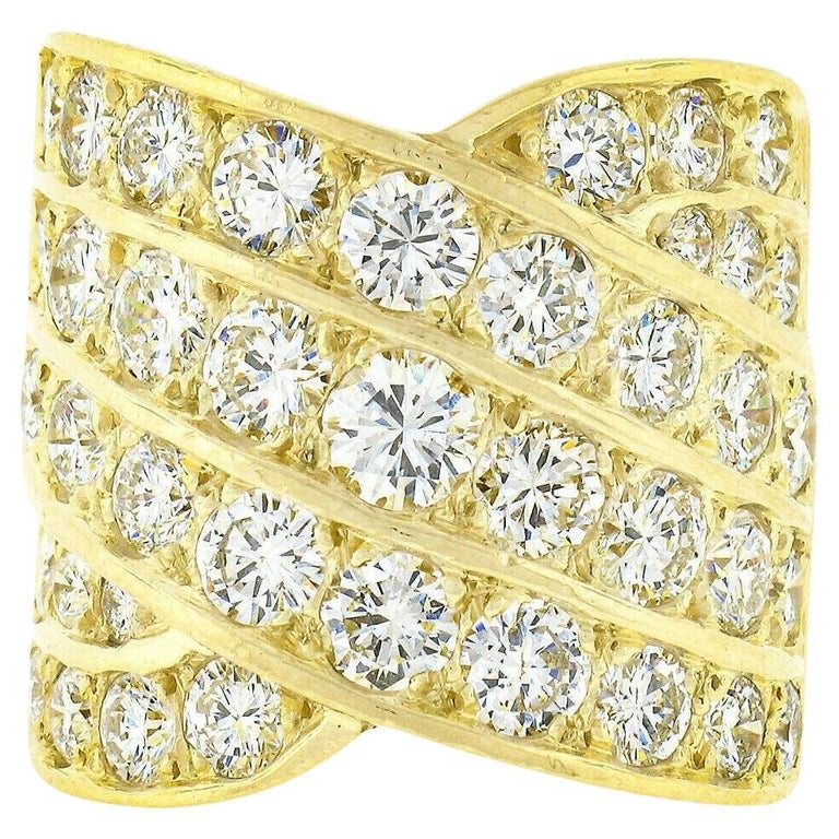 18k Yellow Gold 5.60ct Round Pave Diamond Multi Row Overlap Wide Cigar Band Ring For Sale
