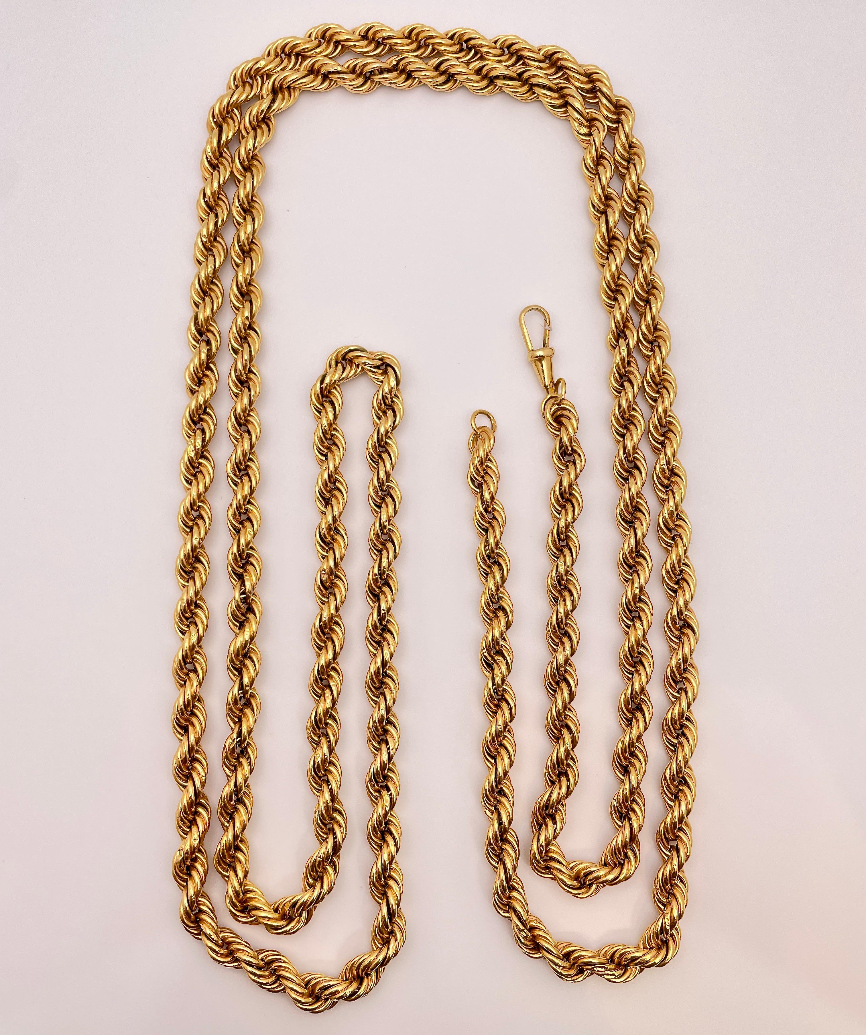 An original antique 18K yellow thick gold rope chain necklace, circa 1950's. This magnificent chain measures an impressive 58.75 inches long, 7.50 mm wide, features a beautiful flexible woven design, and has a gross weight of 61 grams. Additionally,