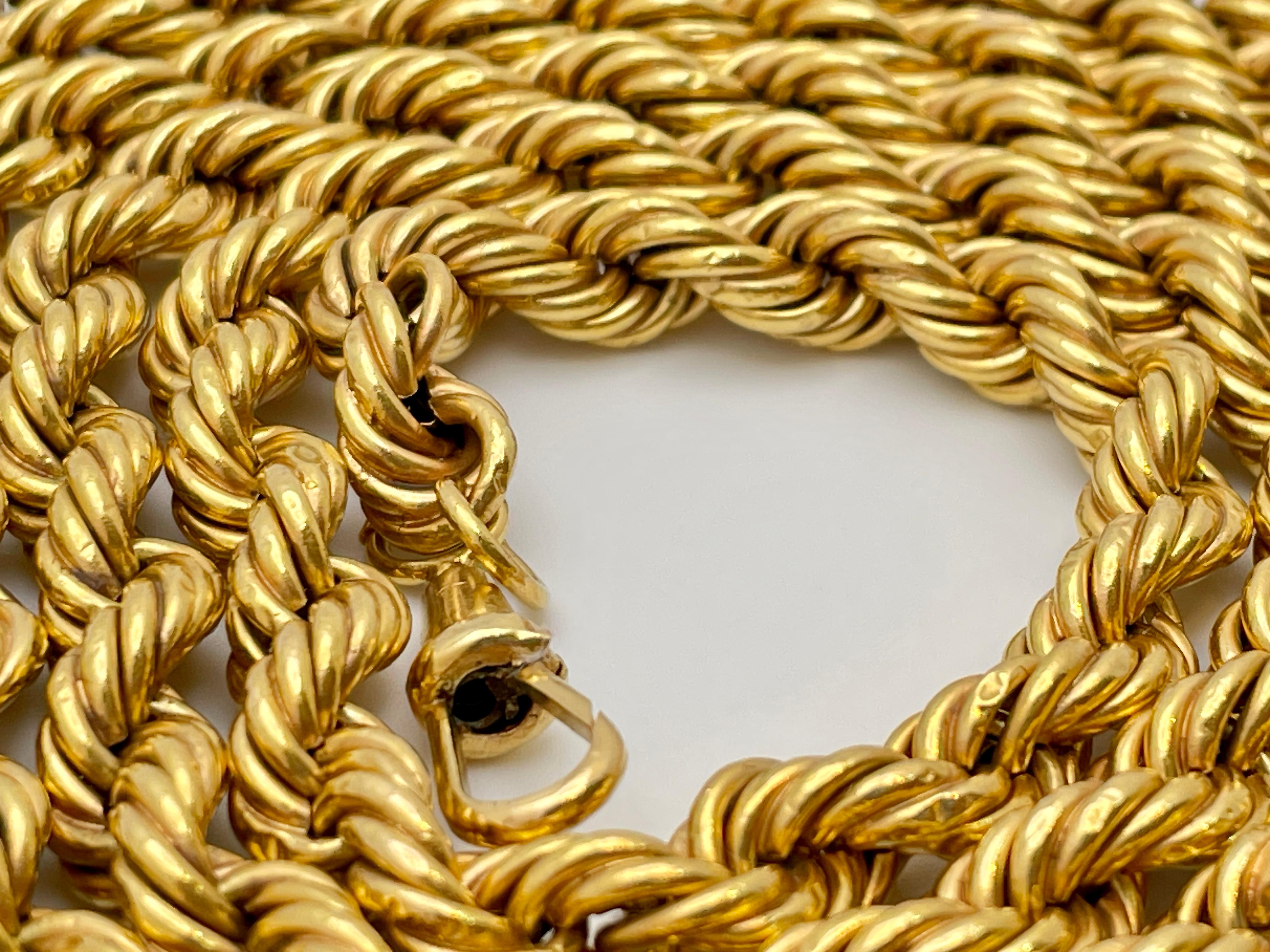 18K Yellow Gold 59 Inch Rope Chain Necklace In Fair Condition For Sale In Westport, CT