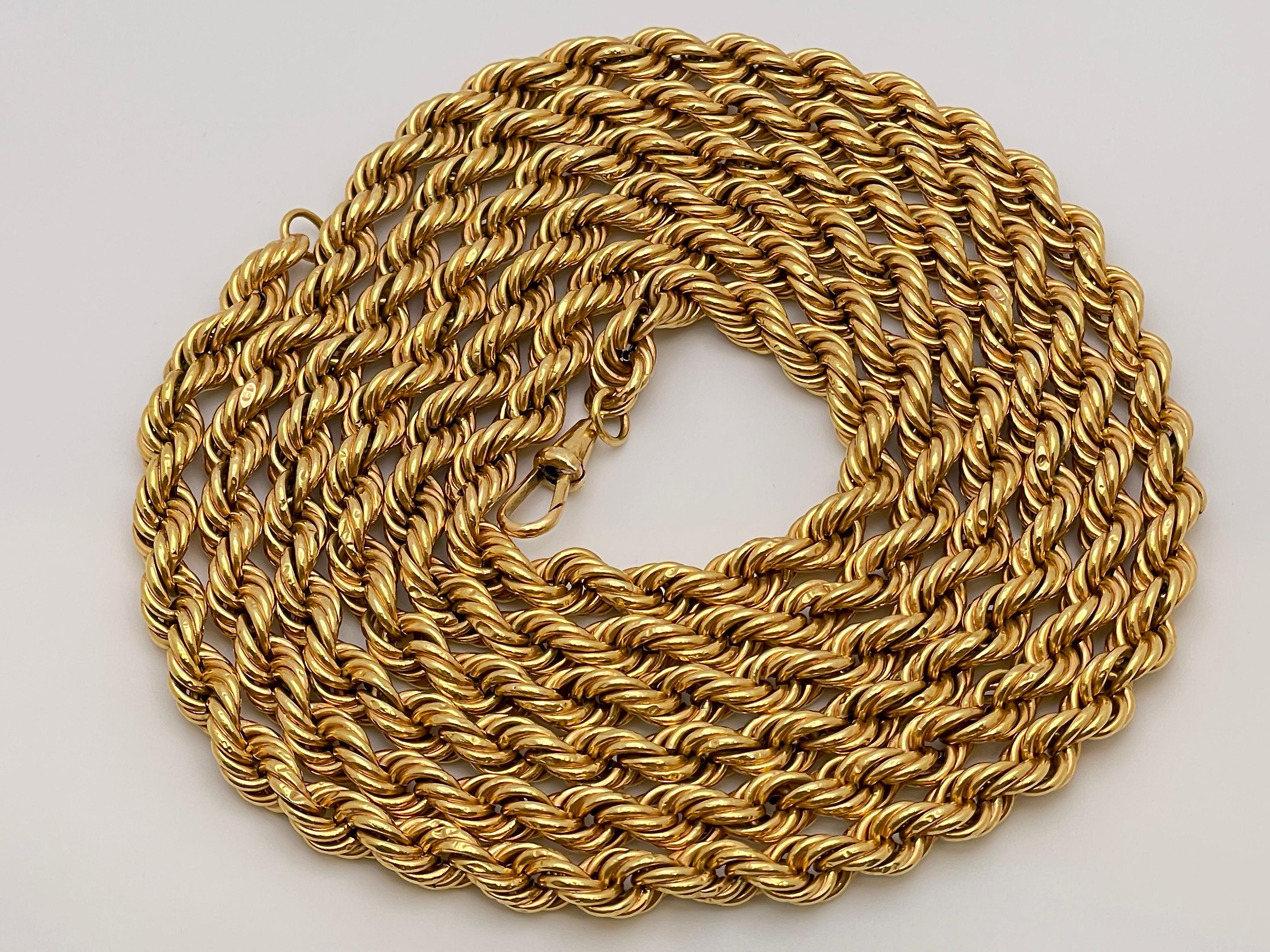 Women's or Men's 18K Yellow Gold 59 Inch Rope Chain Necklace For Sale