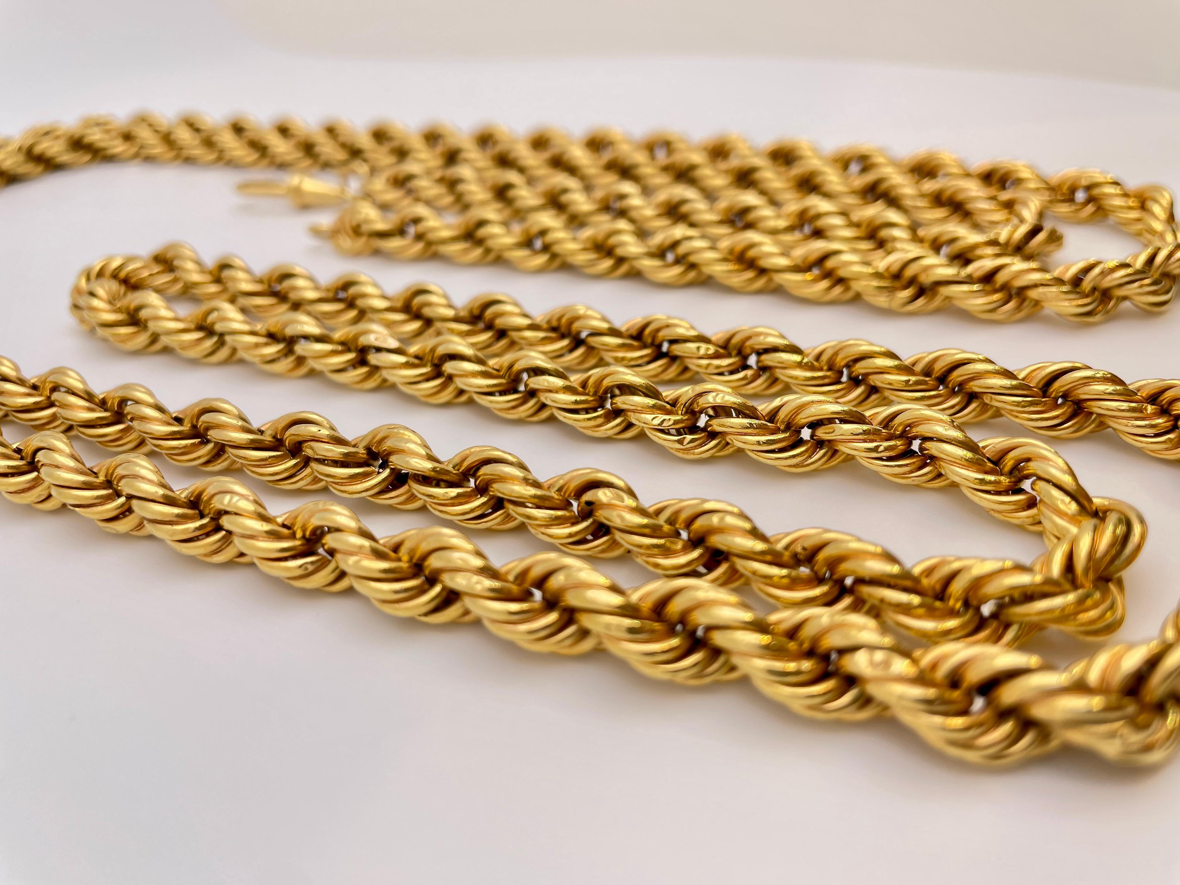 18K Yellow Gold 59 Inch Rope Chain Necklace For Sale 1