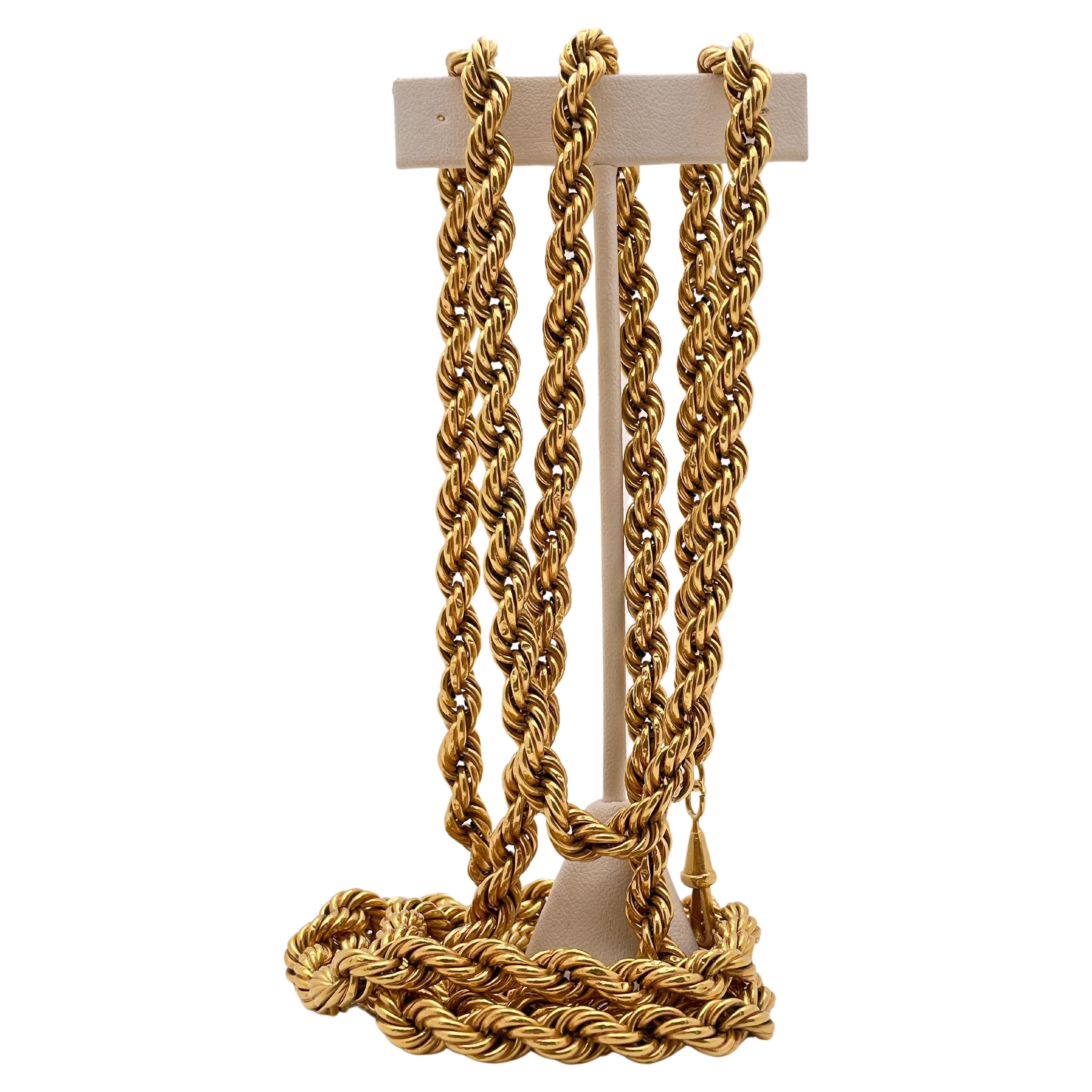 18K Yellow Gold 59 Inch Rope Chain Necklace For Sale