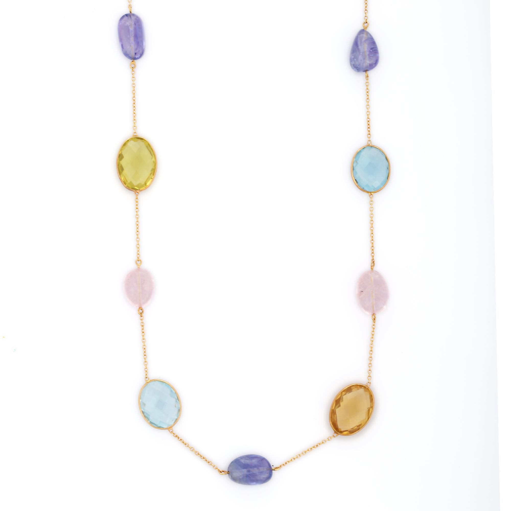 Multi Gemstone Chain Necklace in 18K Gold studded with mix cut multi gemstone.
Accessorize your look with this elegant multi gemstone chain necklace. This stunning piece of jewelry instantly elevates a casual look or dressy outfit. Comfortable and