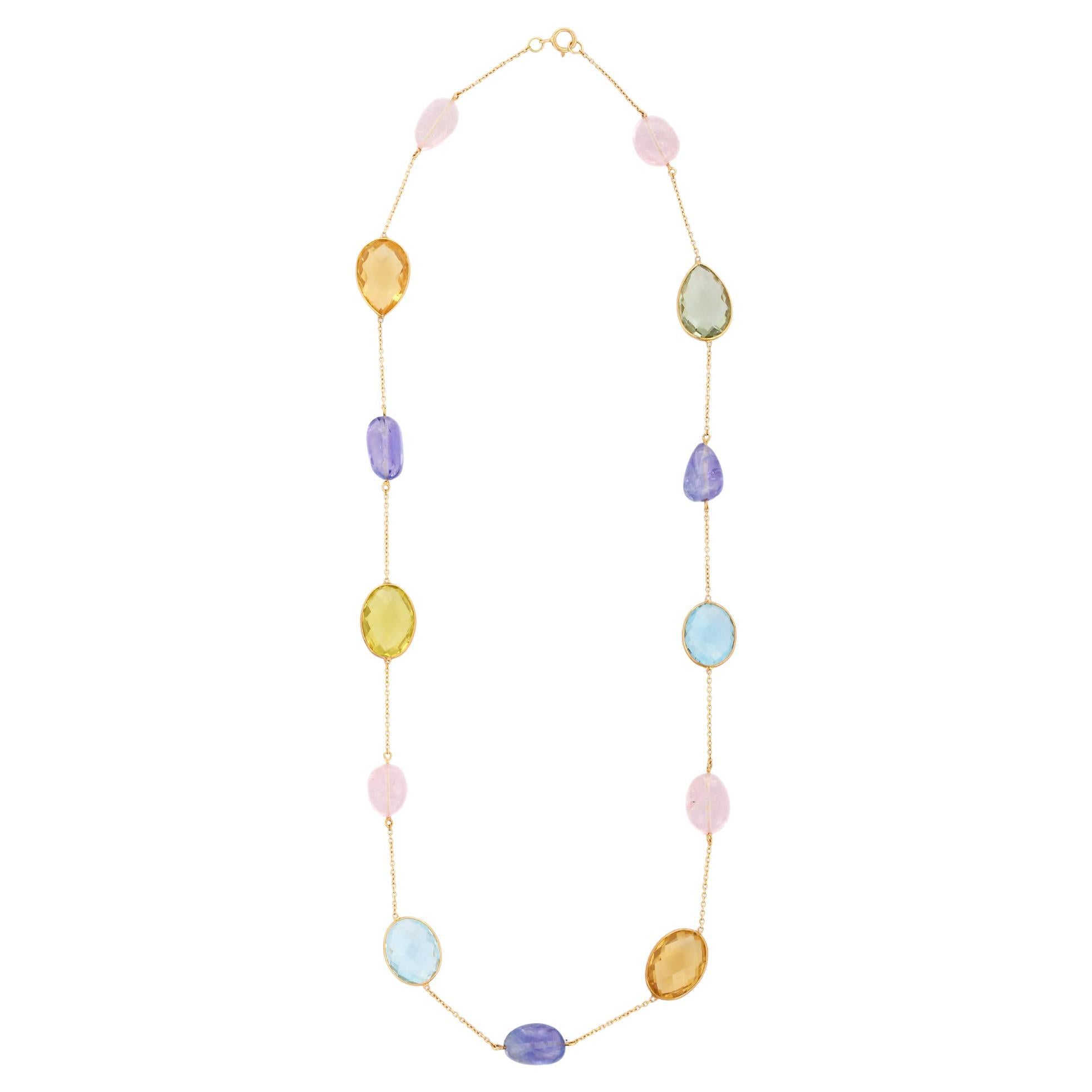18K Yellow Gold 59.1 Ct Semi Precious Multi Gemstone Chain Necklace