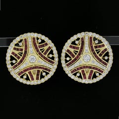 18K Yellow Gold 5ctw Calibre Ruby & Diamond Open Work Round Omega Back Earrings