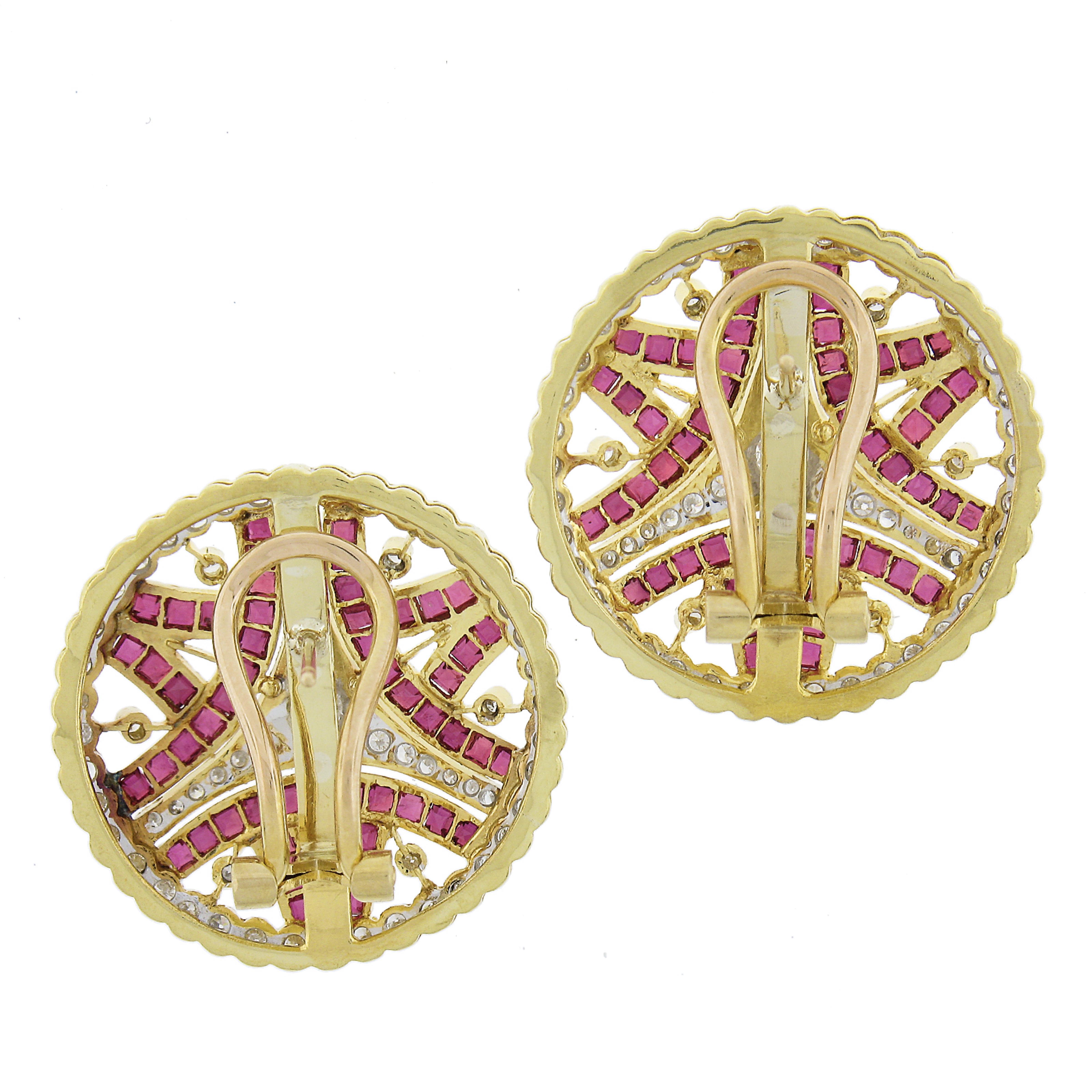 Women's 18K Yellow Gold 5ctw Calibre Ruby & Diamond Open Work Round Omega Back Earrings For Sale