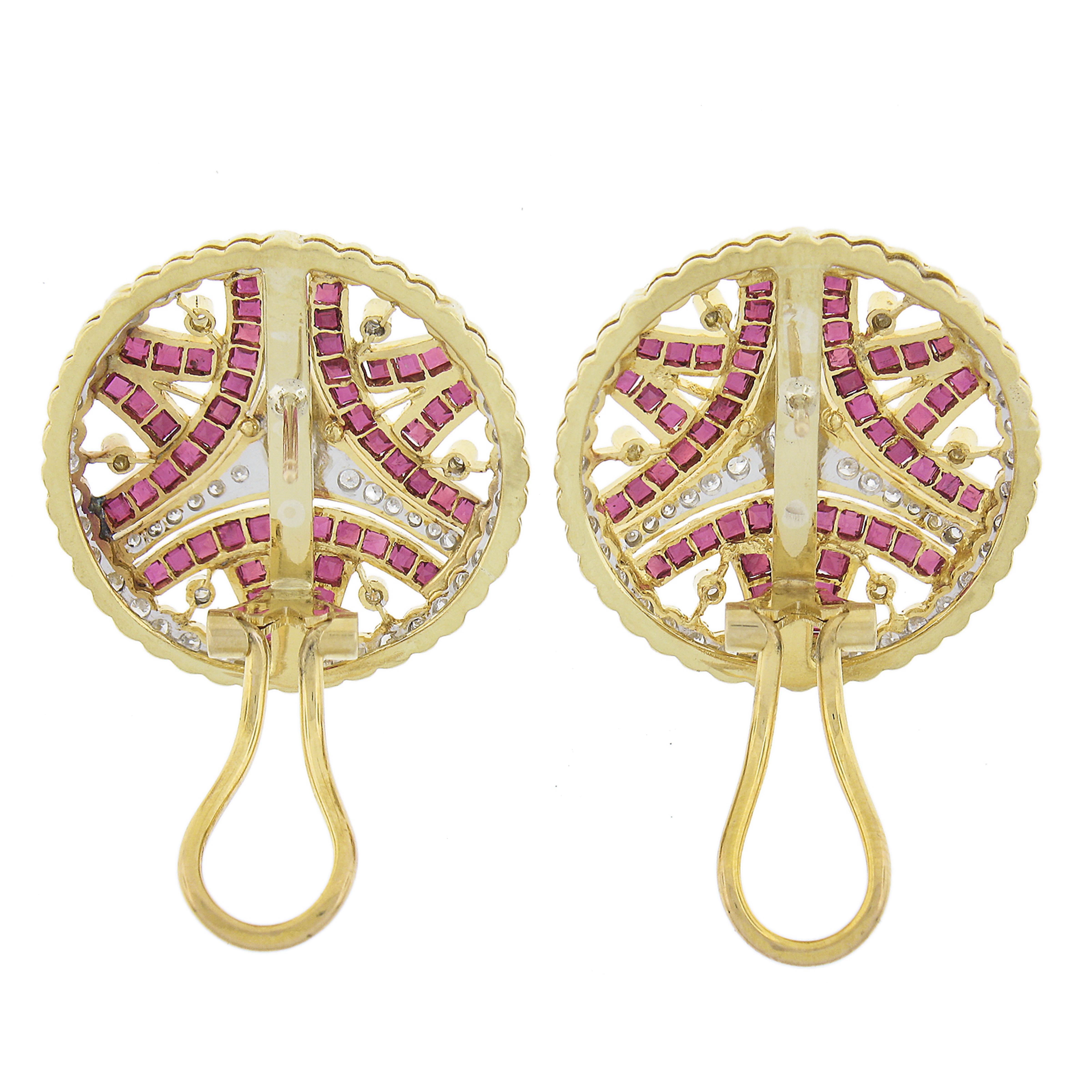 18K Yellow Gold 5ctw Calibre Ruby & Diamond Open Work Round Omega Back Earrings For Sale 1